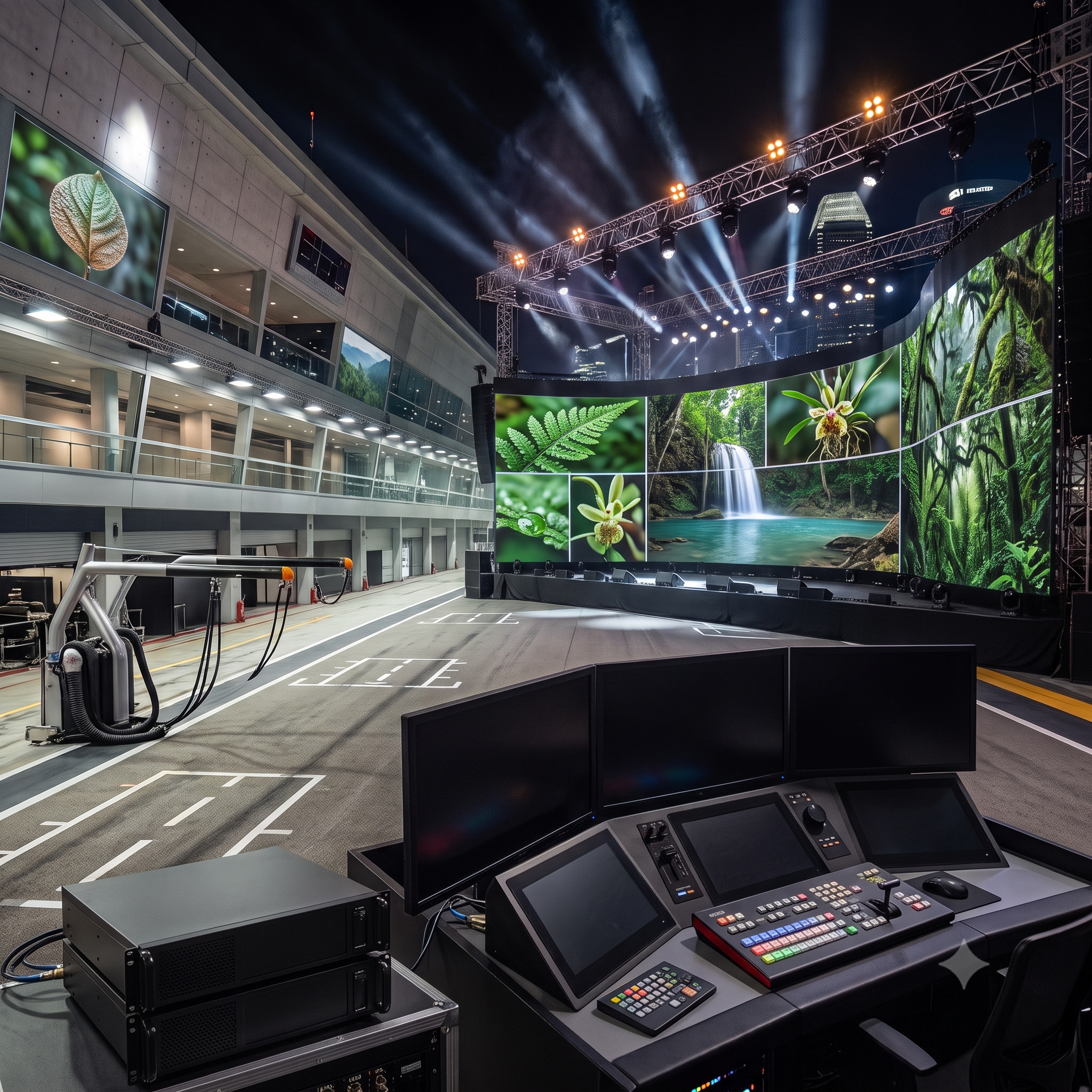 A large indoor stage with multiple screens displaying images of plants and waterfalls. There are bright stage lights and a scaffolding structure overhead, creating an event or conference setting.