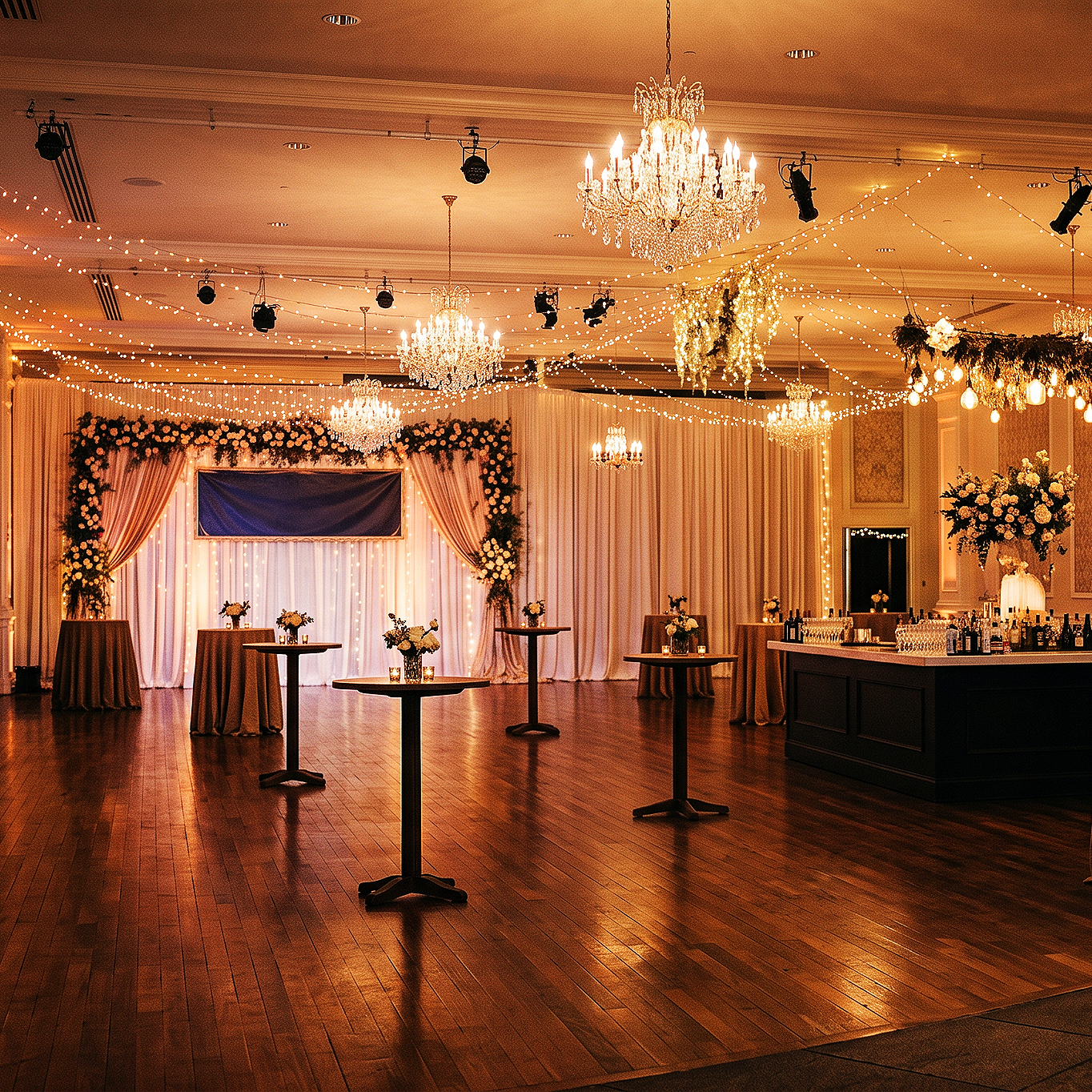Elegant banquet hall decorated with chandeliers, string lights, and floral arrangements for a celebration or wedding reception.