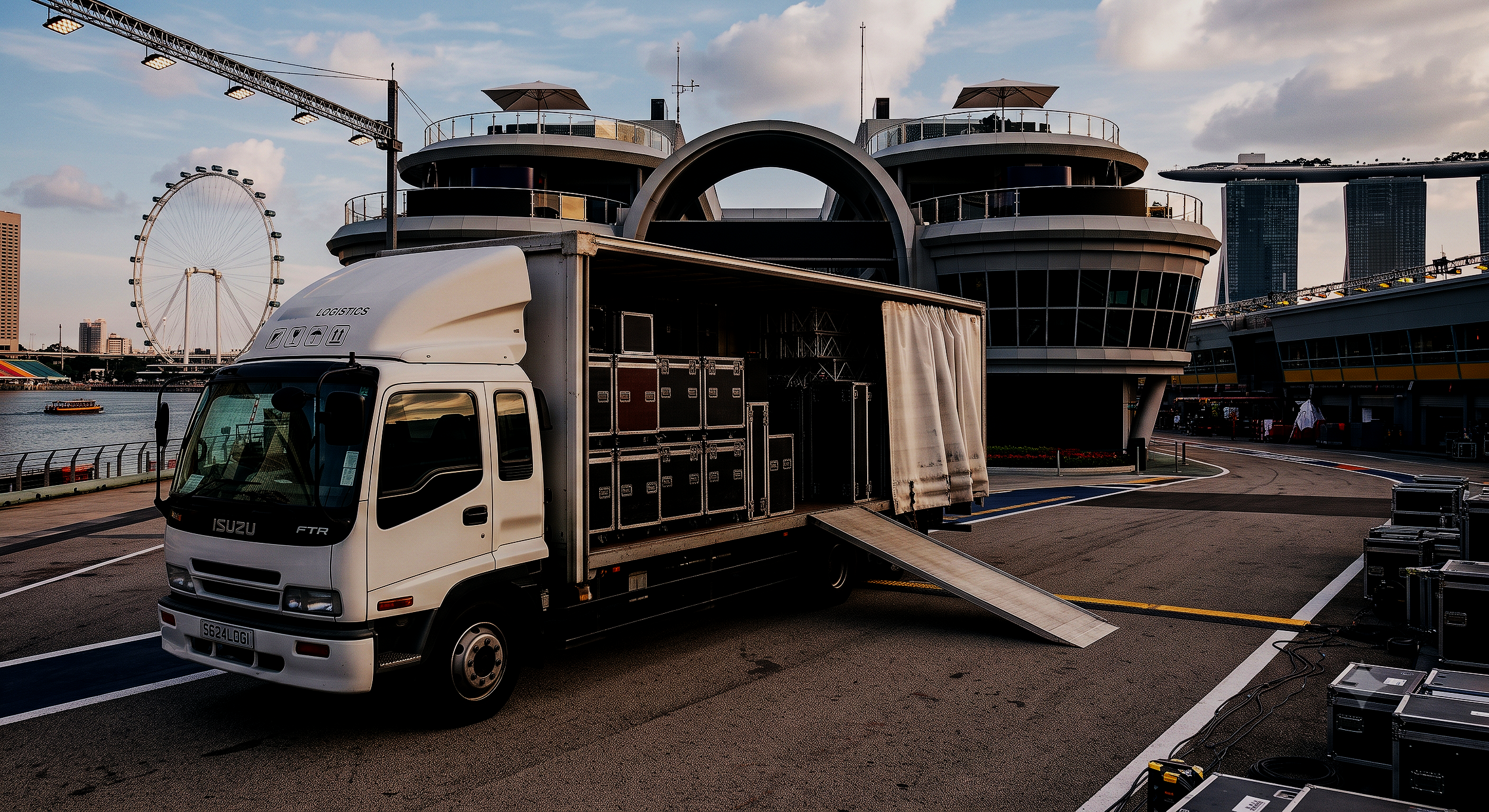 A truck with a loading ramp parked on a city waterfront with modern buildings and a ferris wheel in the background.