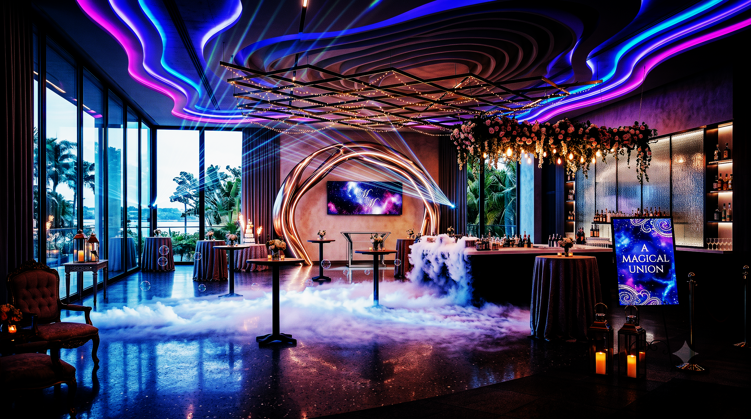 A decorated event space with colorful neon light installations on the ceiling, a floral arch, tables with floral centerpieces, a bar area, and a large screen displaying "A Magical Union" in a stylish font.