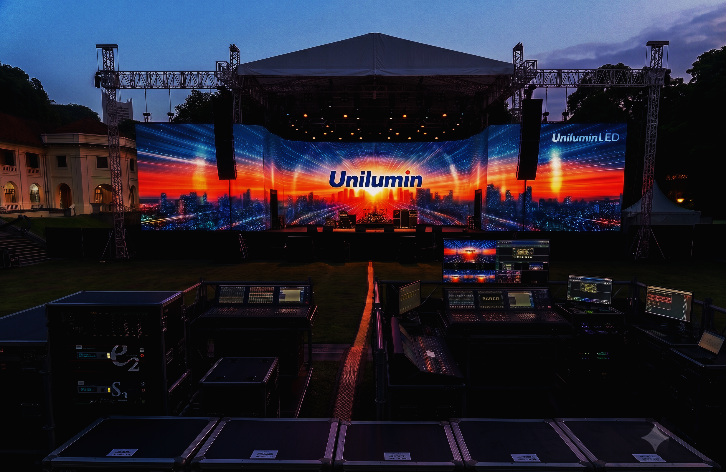 Outdoor stage with large LED screens displaying a sunset cityscape graphic with the word 'Unilumin' visible on the screens, set up for a concert or event during dusk, with surrounding trees and a building on the left.