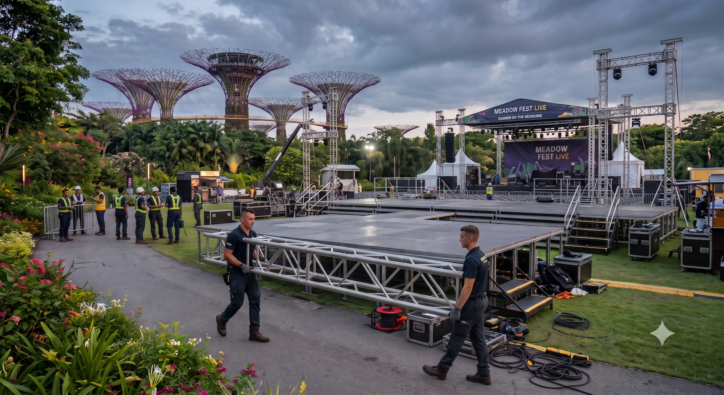 Empty outdoor stage setup at Meadow Fest with surrounding lush greenery and futuristic structures in the background, crew members working on stage equipment under cloudy sky.