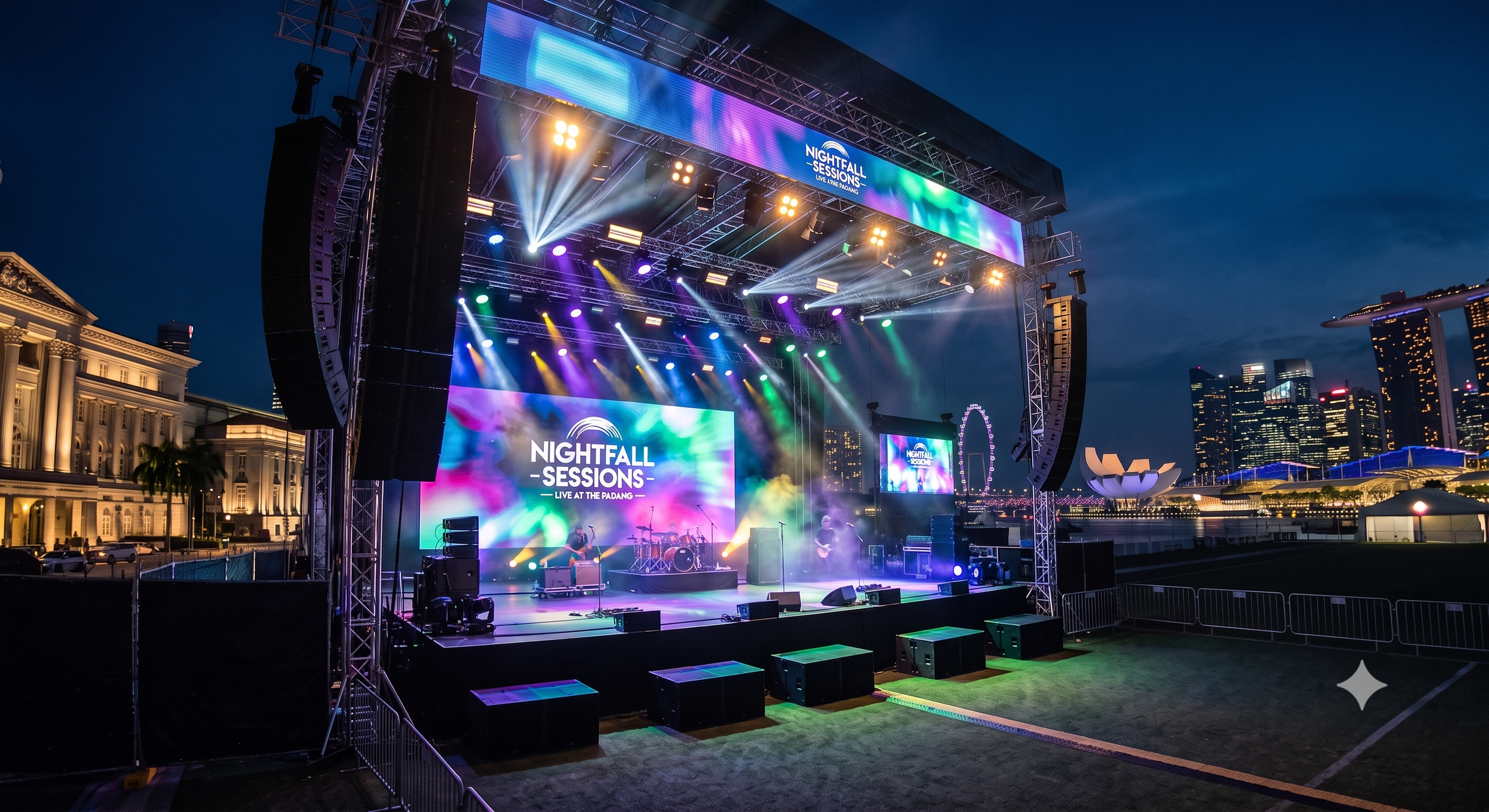 An outdoor concert stage at night with colorful lights and a large screen displaying 'Nightfall Sessions' at The Padang. Tall buildings and a Ferris wheel are visible in the background.