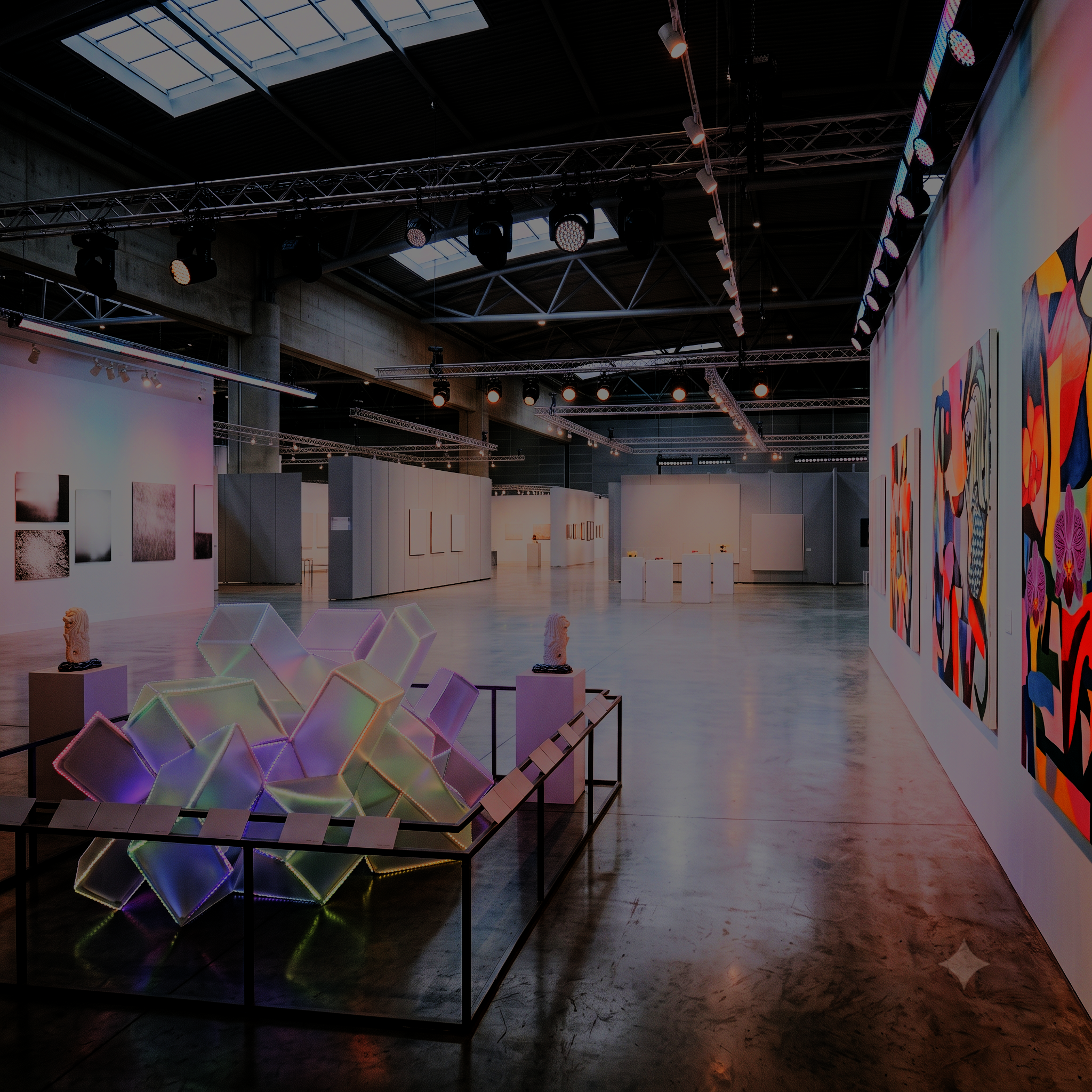 Colorful geometric sculptures illuminated with LED lights are displayed in an art gallery with white walls and a high ceiling with skylights.