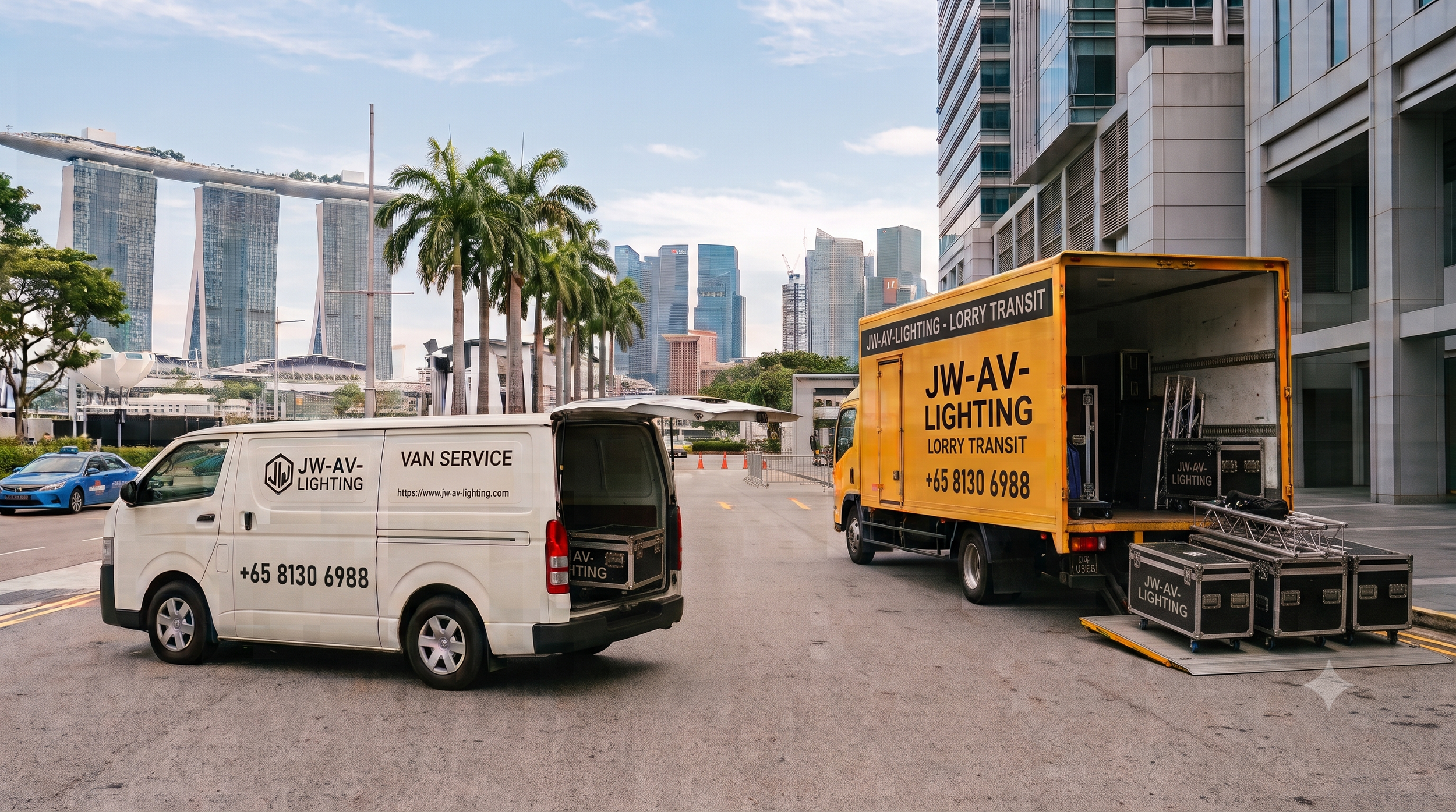 Parking area with trucks and vans labeled JW-AV Lighting, surrounded by modern skyscrapers and palm trees in a city skyline.