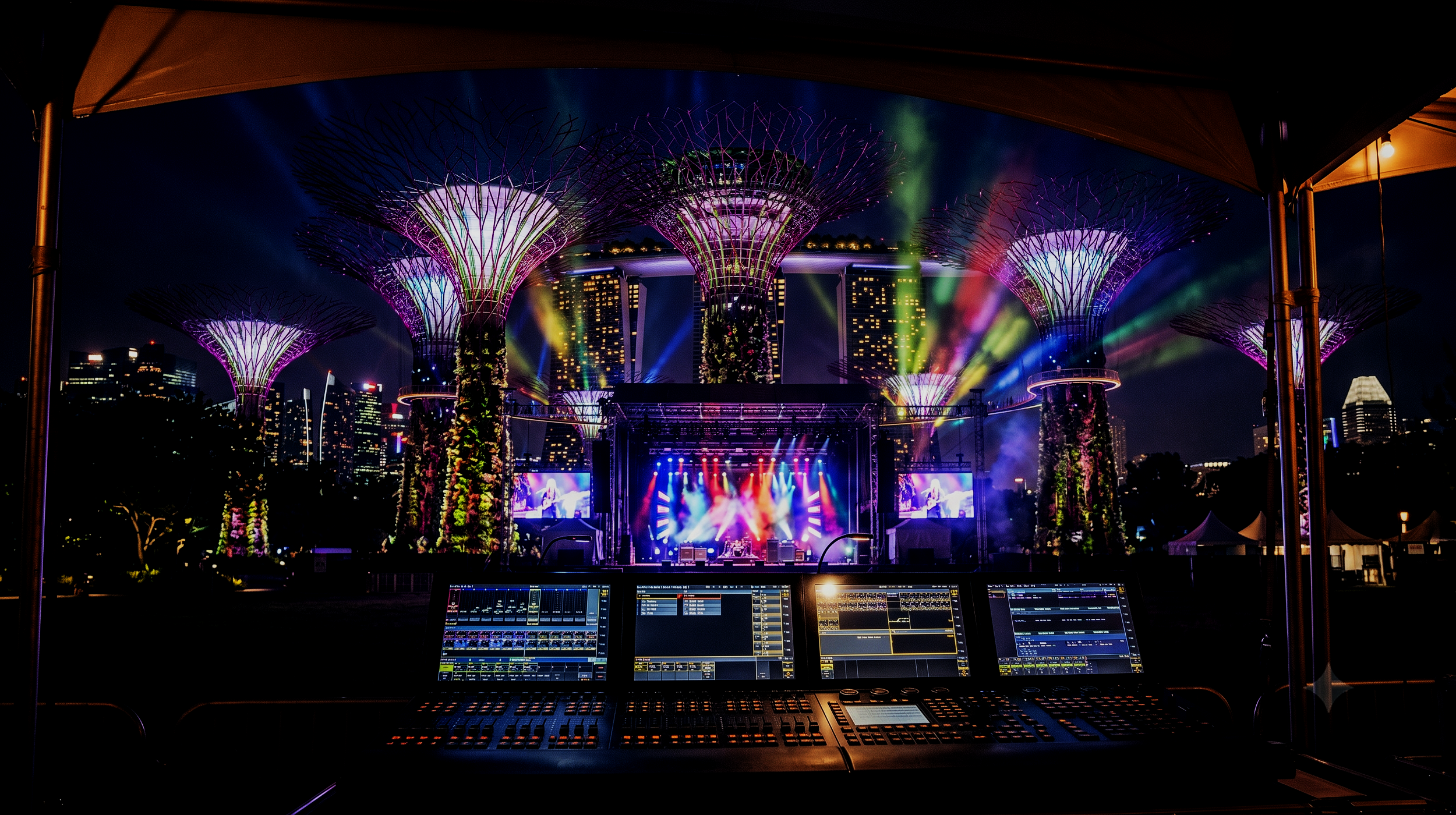 Nighttime view of a large outdoor concert with colorful lights and fireworks near iconic futuristic trees and city skyline in the background. The image is viewed from a control booth with electronic equipment and monitors.