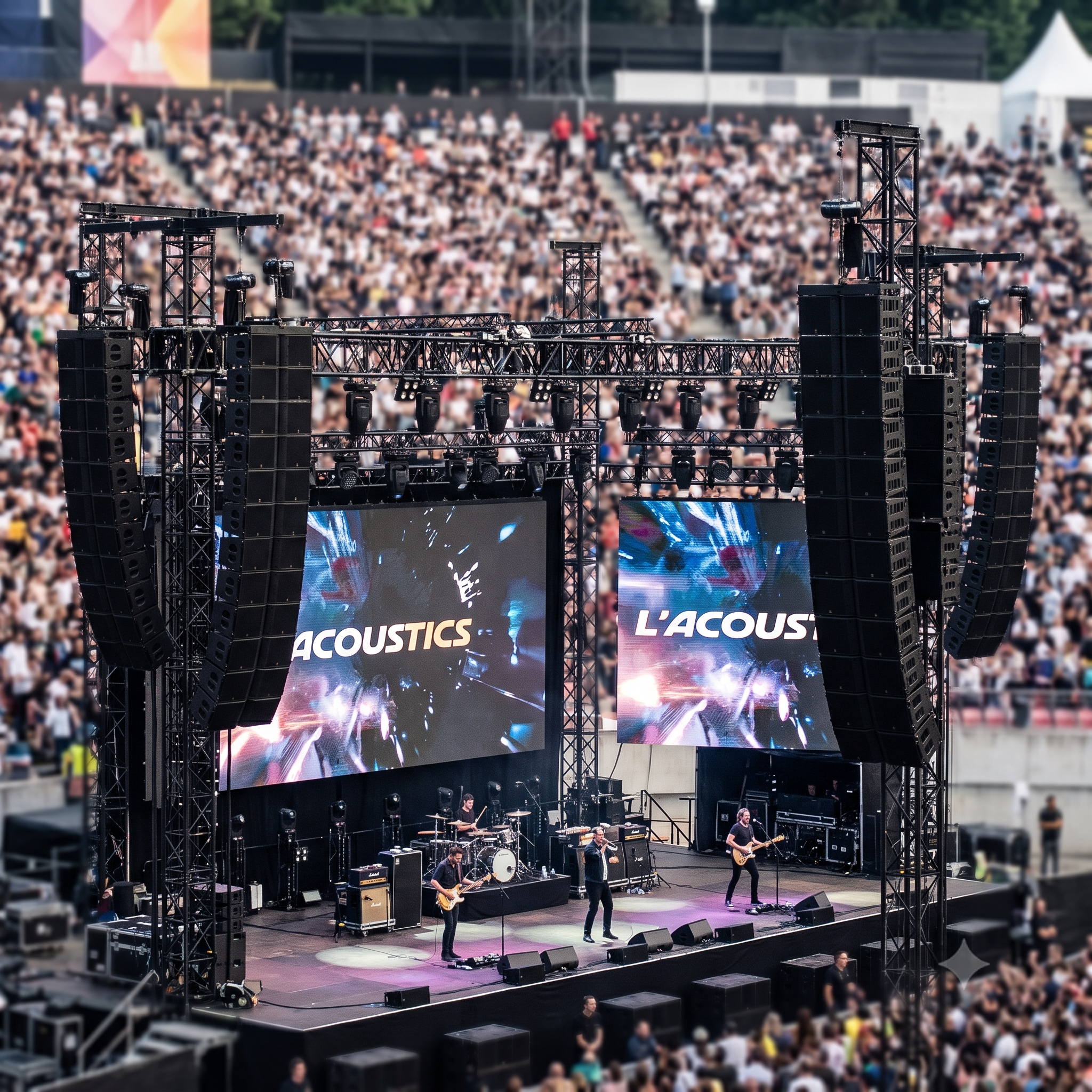 A large outdoor concert stage with musicians performing, surrounded by a large audience at daytime