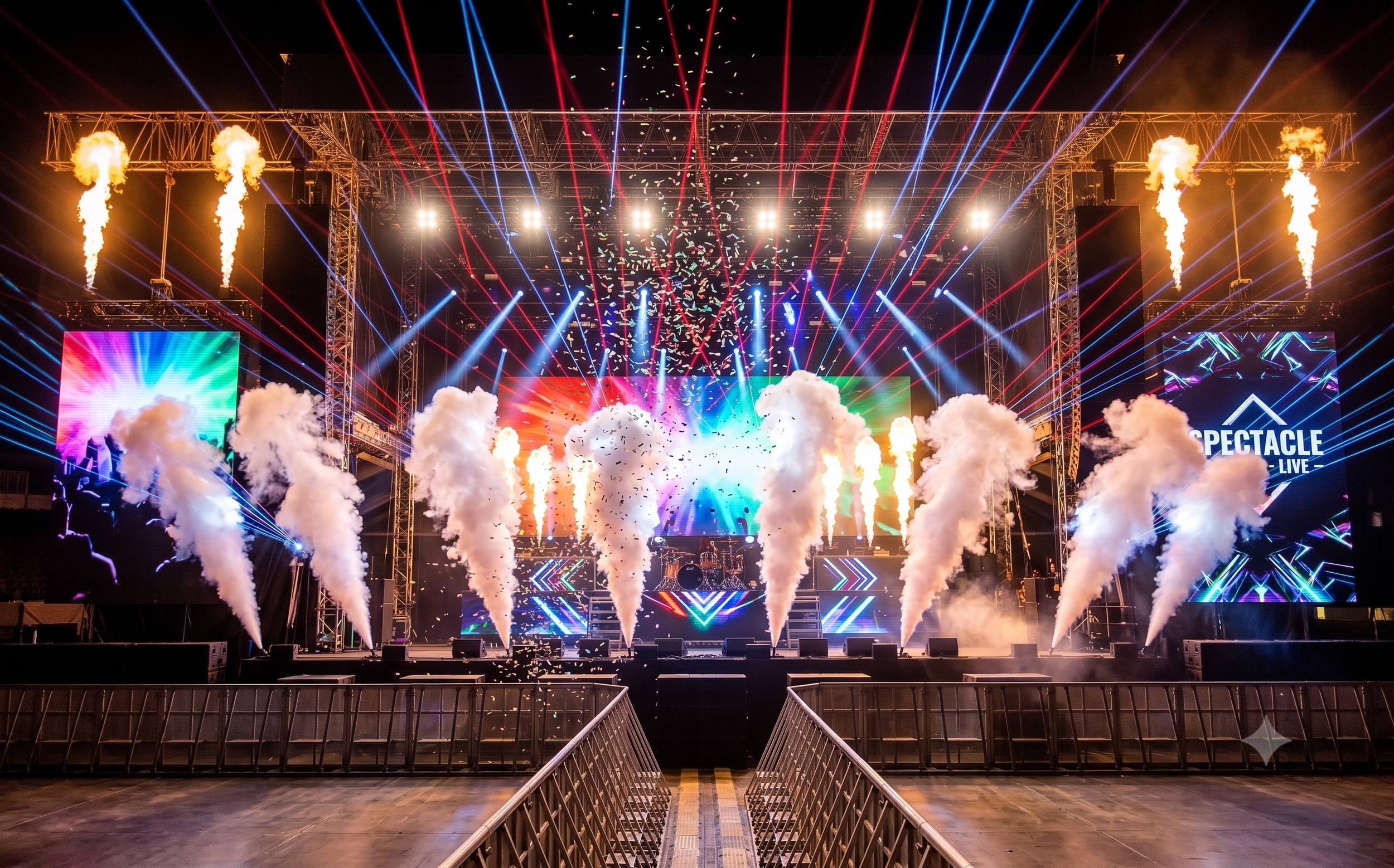 A vibrant concert stage at night with colorful laser lights, smoke effects, and pyrotechnics, including flames shooting upward, with large LED screens displaying bright visuals. The stage is empty with no visible performers.