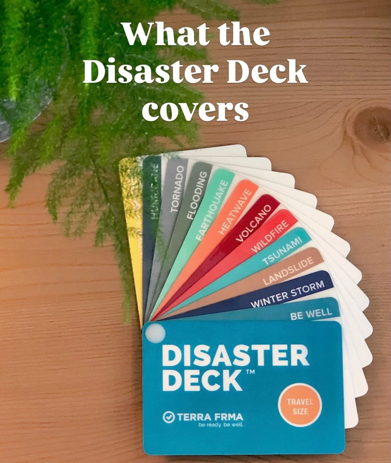 One deck. Every disaster you're likely to face in the West. 

The Disaster Deck covers wildfire, earthquake, flooding, lightning, tornado, hurricane, heatwave, volcano, tsunami, landslide, winter storm &mdash; and a Be Well card for the emotional aft