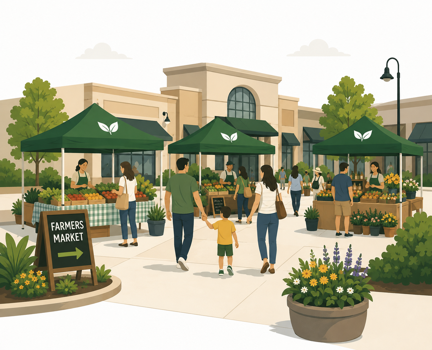 Shoppers visiting local vendors at a welcoming community farmers market.