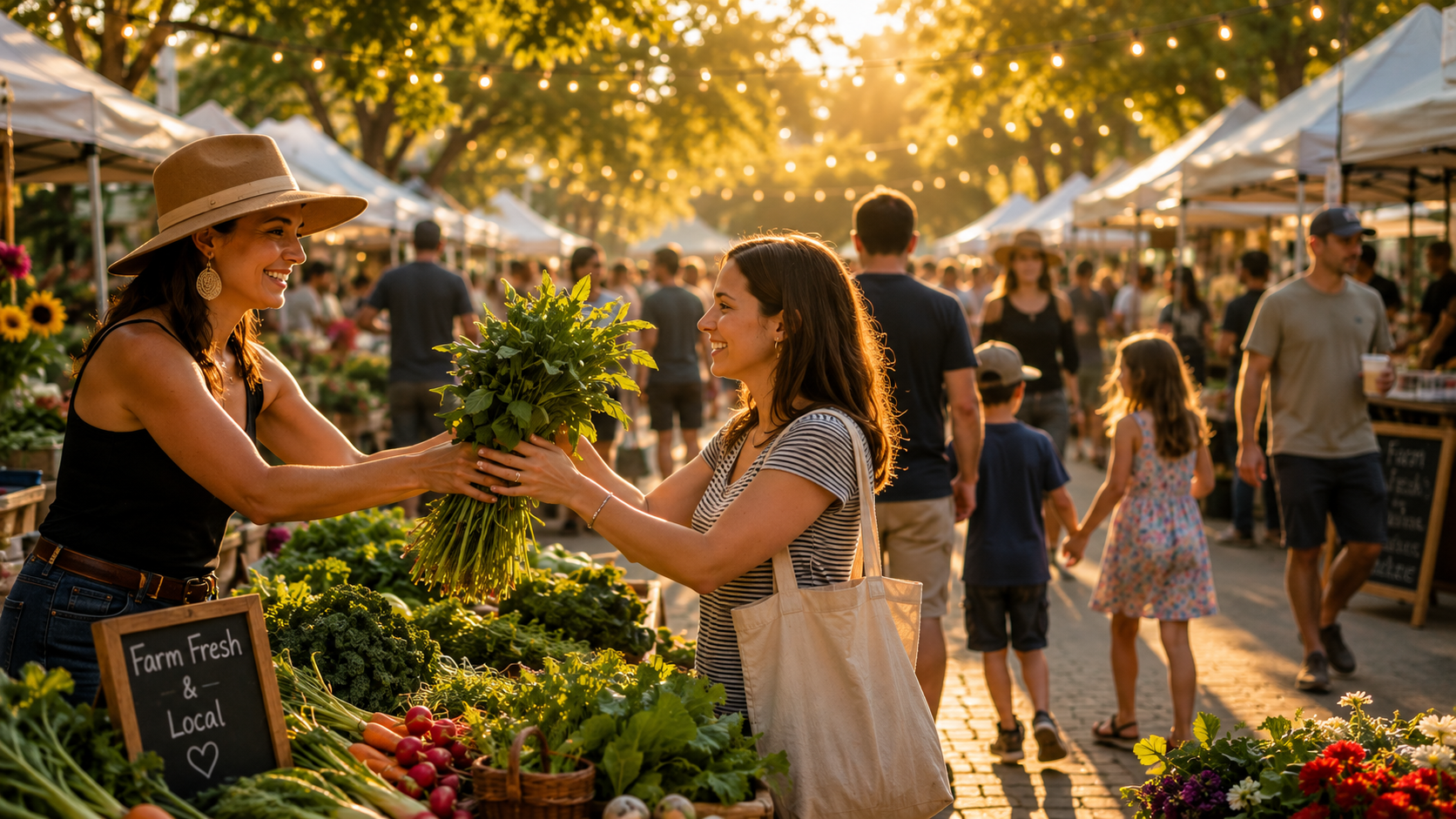 Shopper purchasing fresh herbs from a local vendor at Jimbo's Farmers Market.