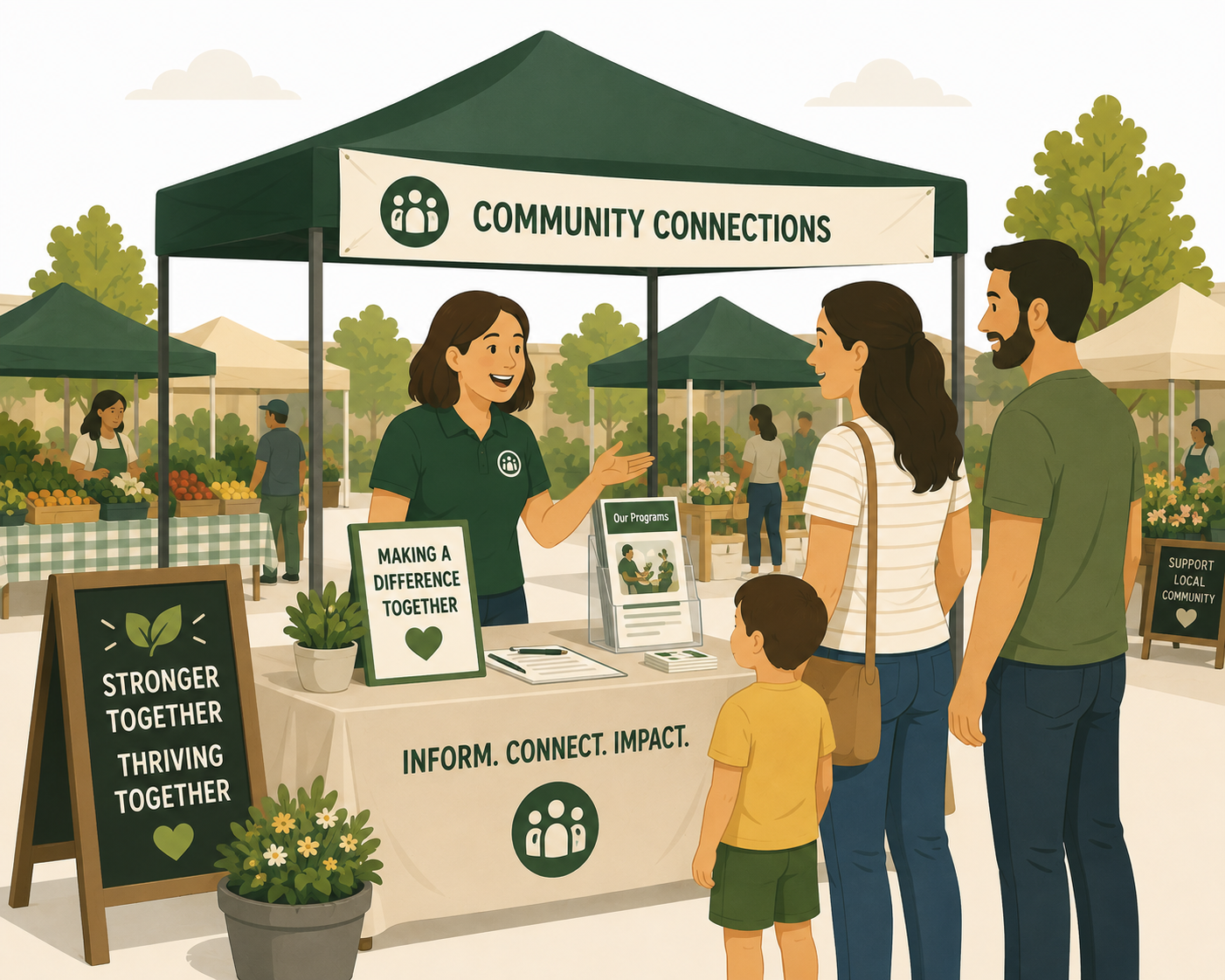 Connecting families with local organizations and community resources at Jimbo's Farmers Market.