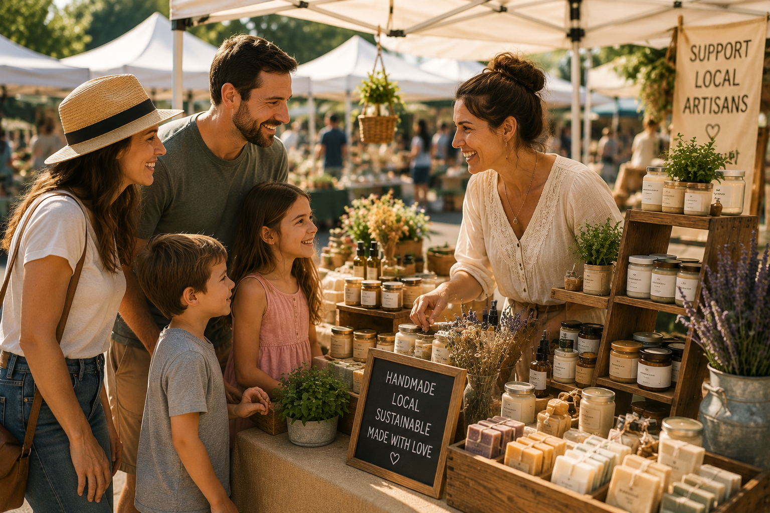 Family shopping for handmade goods from a local artisan vendor at Jimbo's Farmers Market.