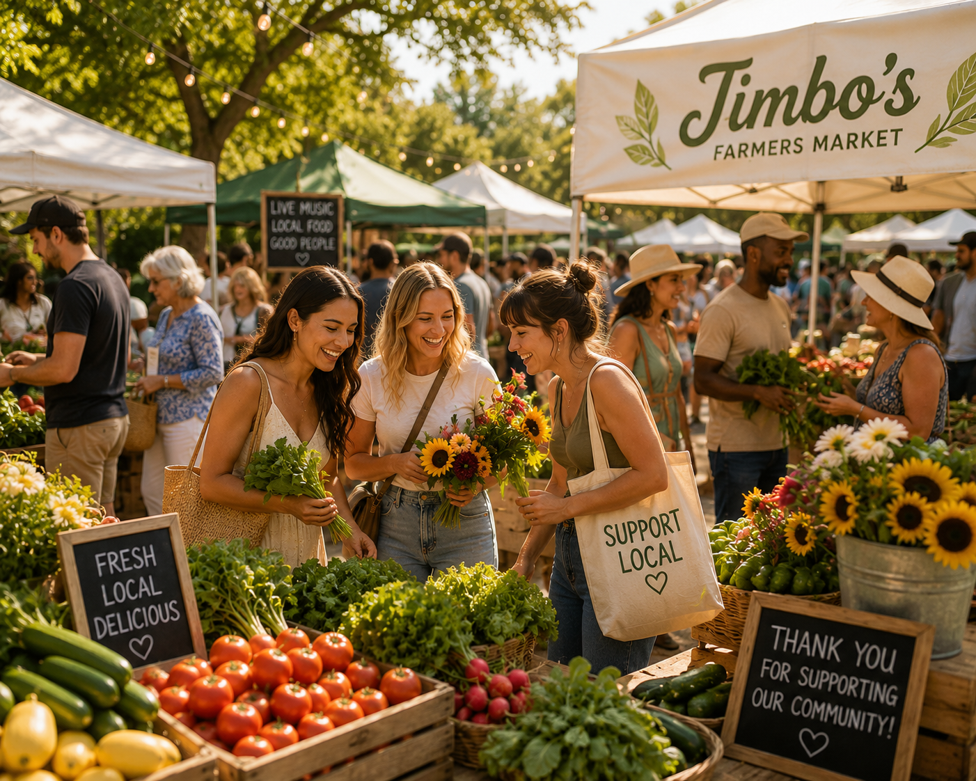 Shoppers enjoying fresh produce, flowers, and local vendors at Jimbo's Farmers Market.