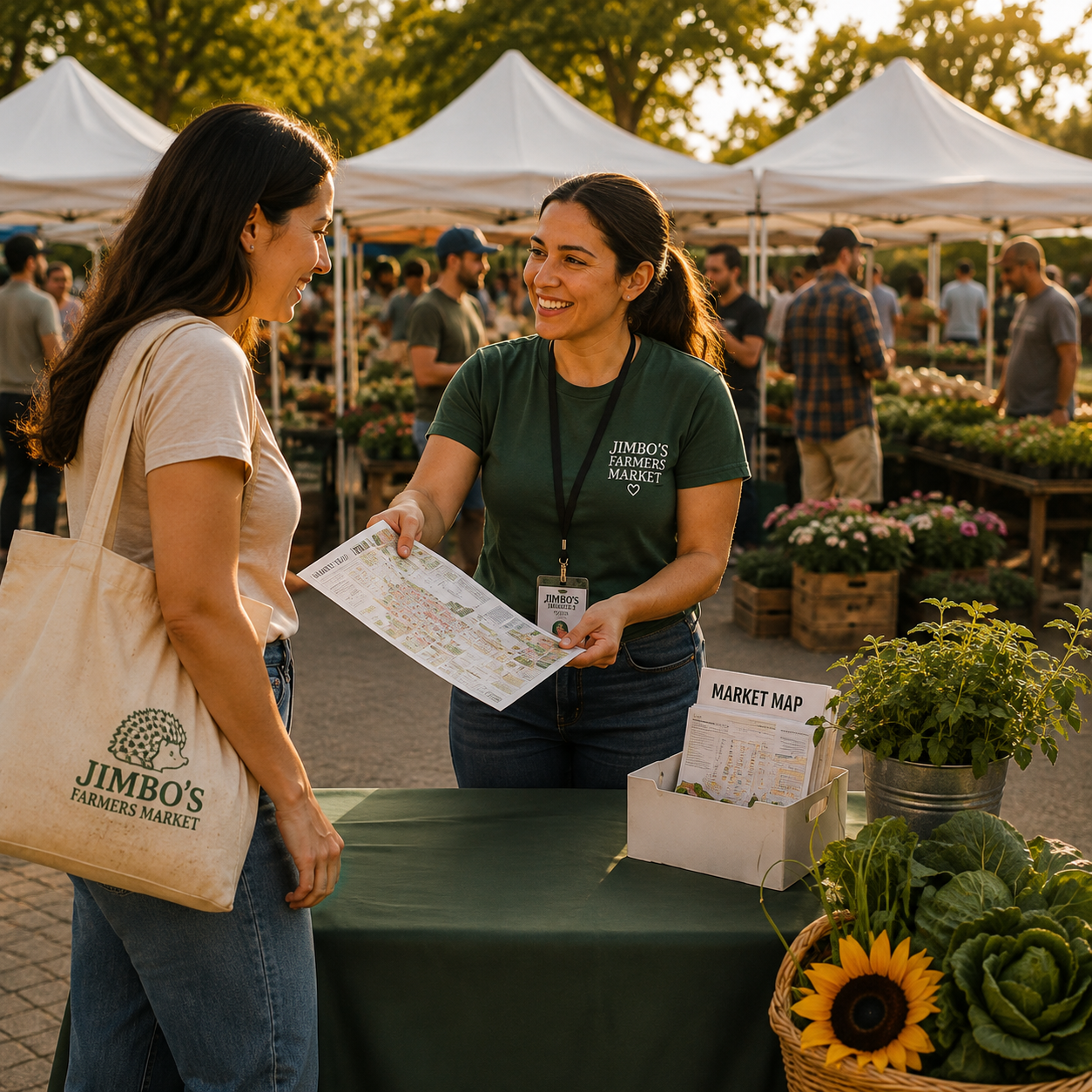Visitor receiving information from a vendor at Jimbo's Farmers Market.
