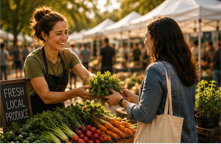 Local vendor selling fresh vegetables to a shopper at Jimbo's Farmers Market.