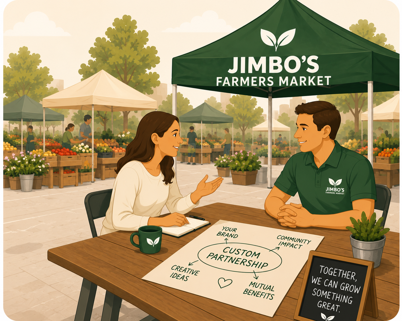 Discussing a custom partnership with Jimbo's Farmers Market.