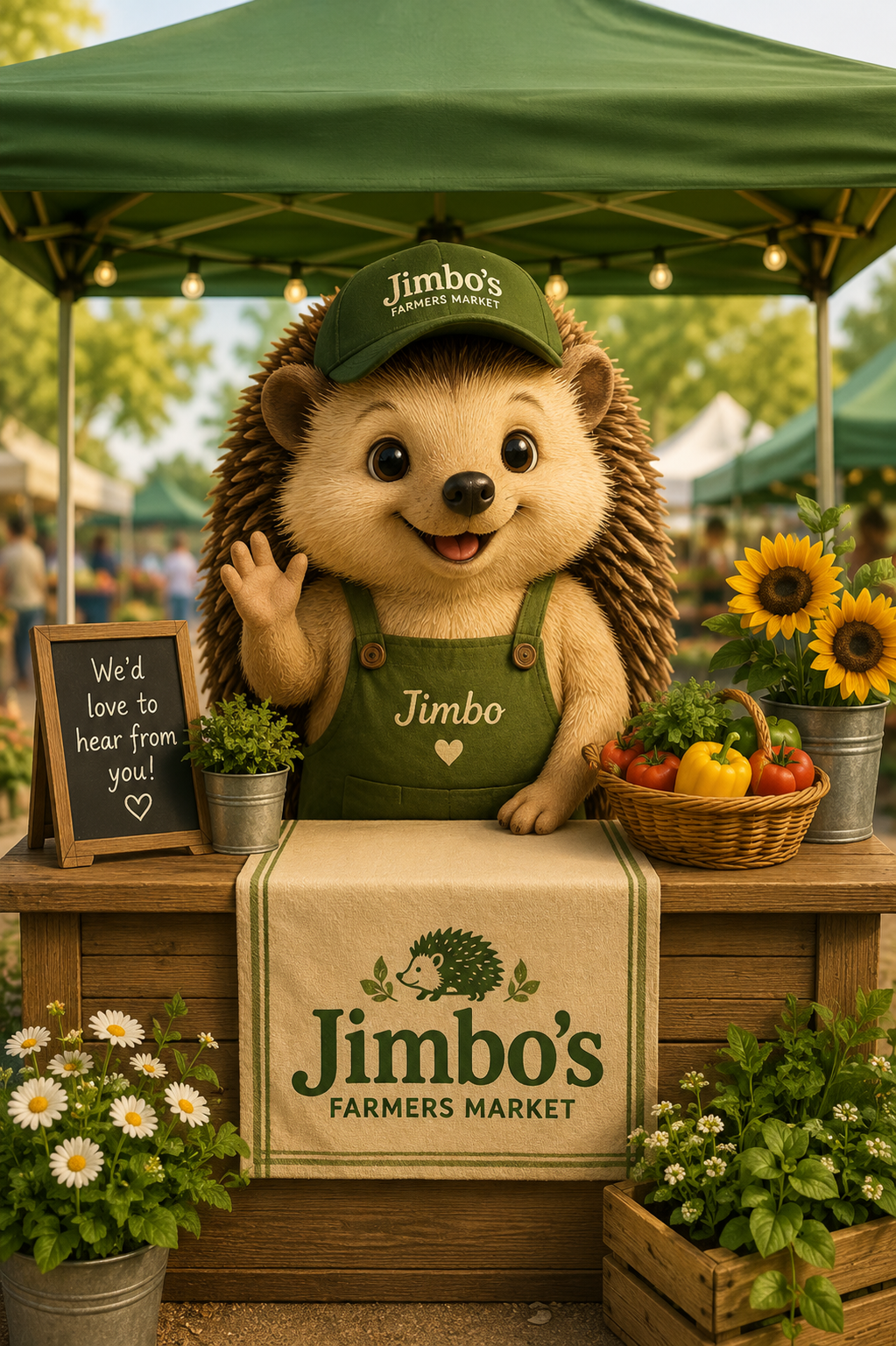 Jimbo the hedgehog mascot welcoming visitors at Jimbo's Farmers Market.