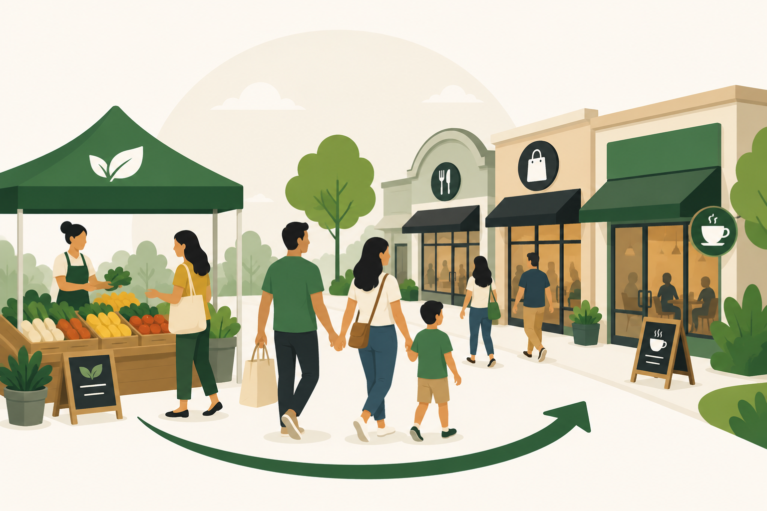 Farmers market bringing shoppers and activity to a local shopping center.