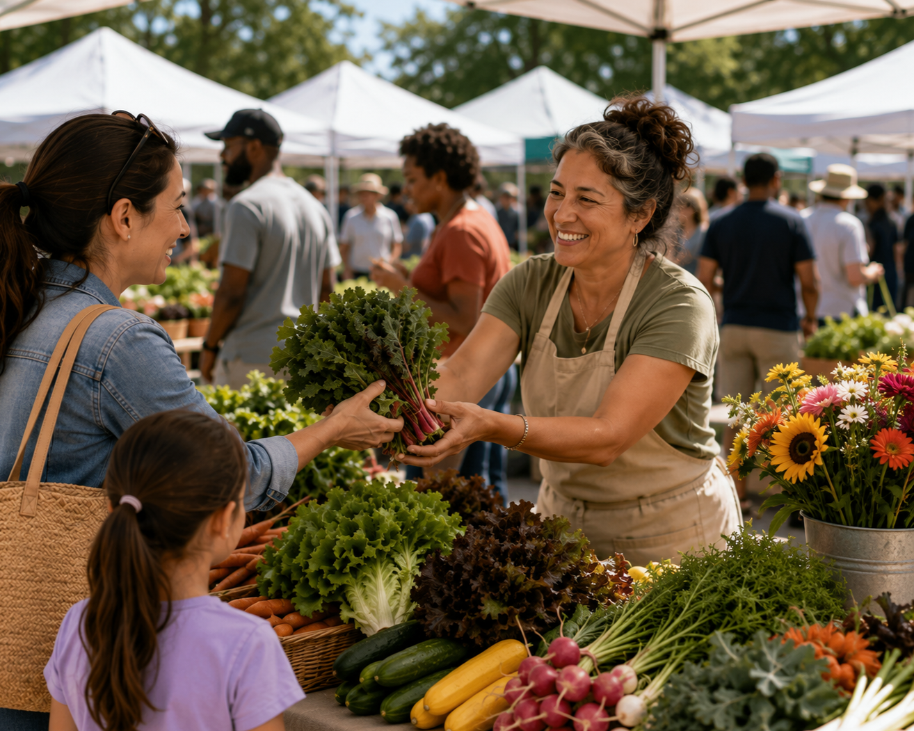 Family shopping for fresh produce and flowers at Jimbo's Farmers Market.