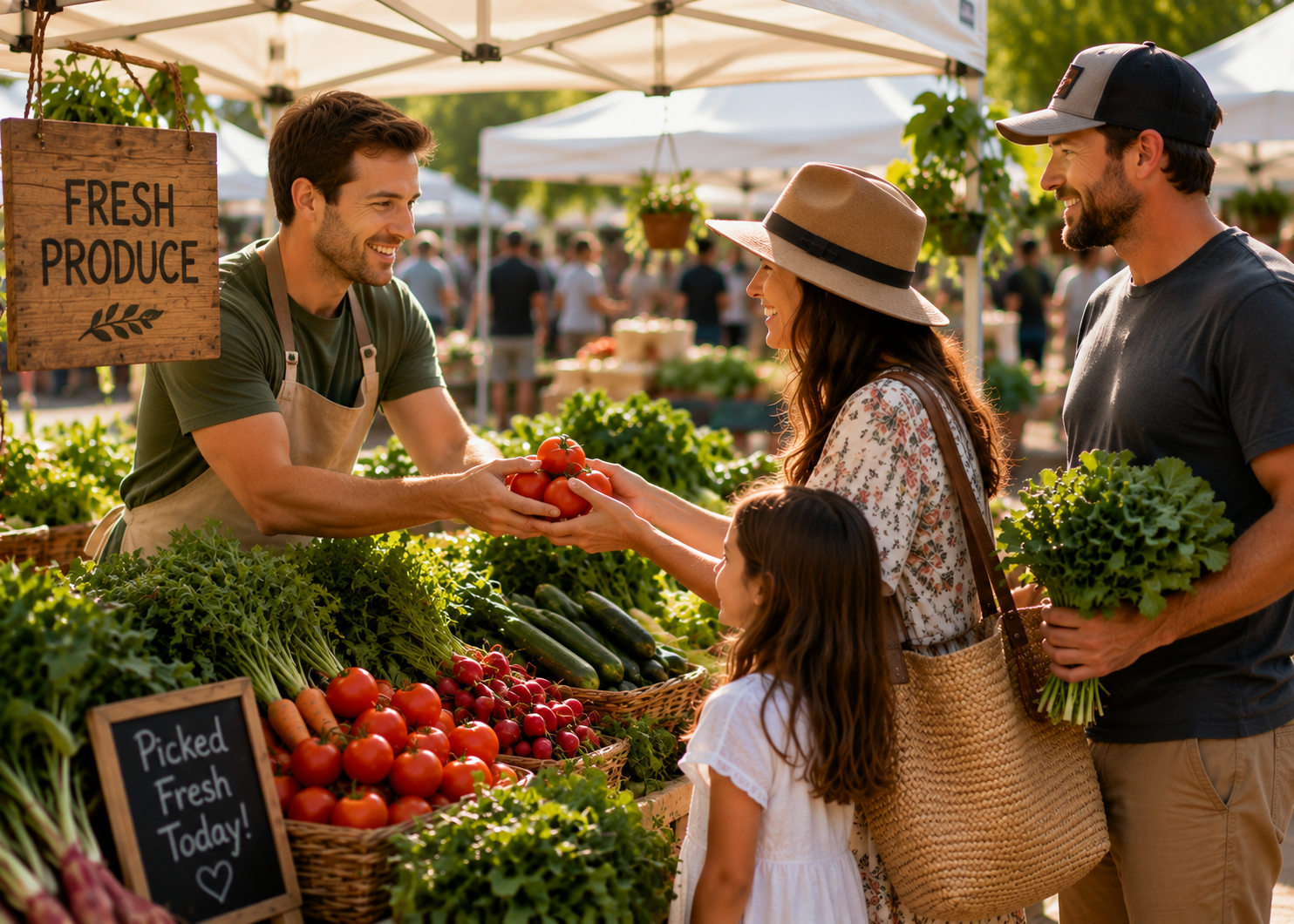 Shoppers buying fresh produce from a local vendor at Jimbo's Farmers Market.