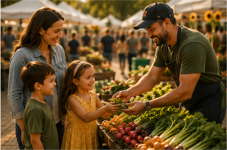 Family shopping for fresh produce from a local vendor at Jimbo's Farmers Market.