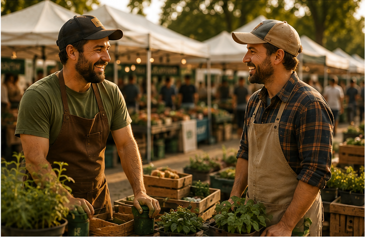 Vendor and shopper connecting at Jimbo's Farmers Market.