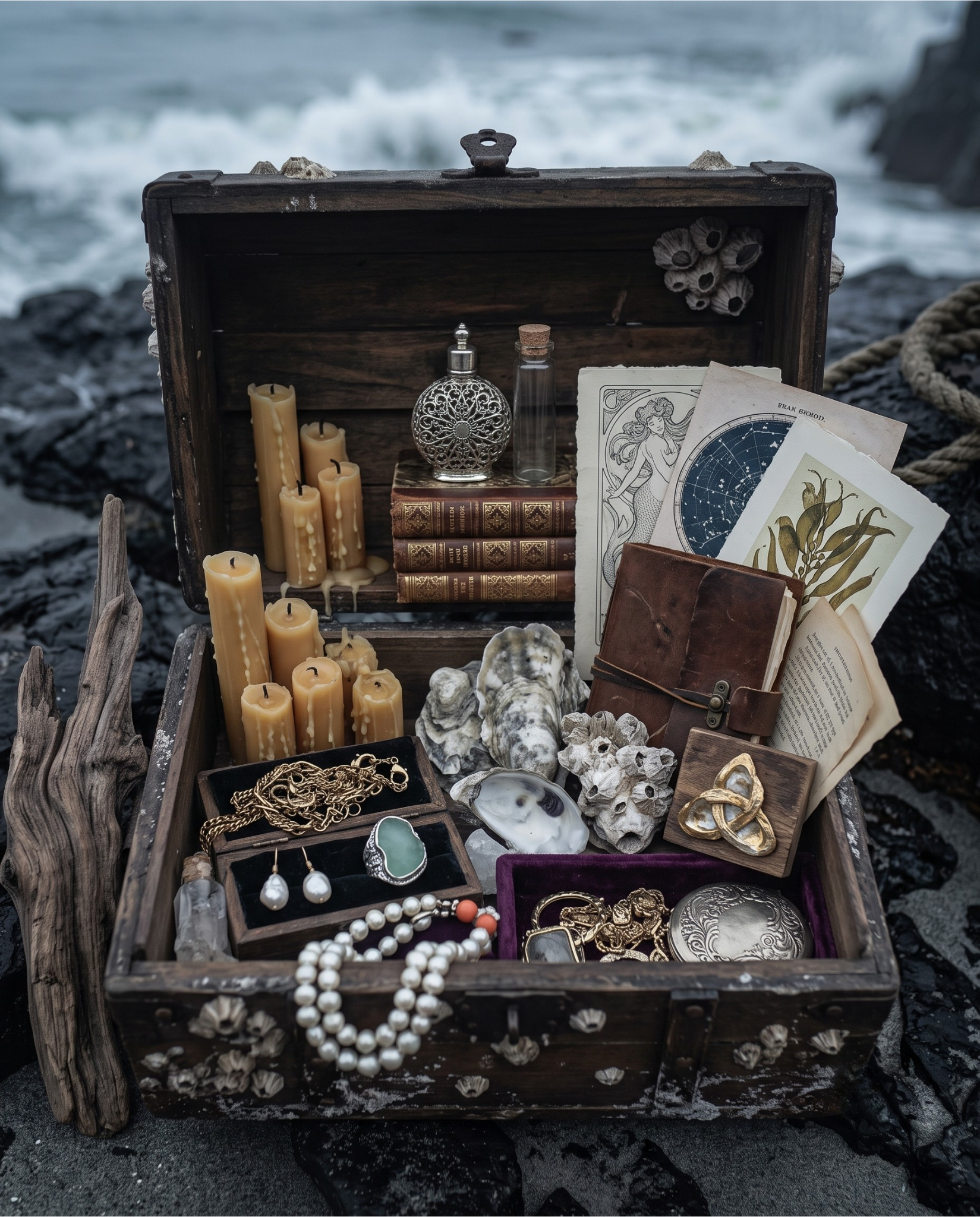 A collection of jewelry, jewelry boxes, seashells, candles, books, and papers displayed in an open wooden box on a rocky beach near the ocean.