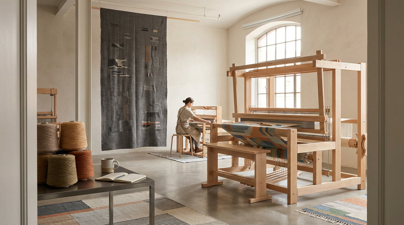 Interior of a weaving studio with a woman working at a loom, surrounded by woven textiles, rolls of yarn, and natural light coming through large windows.