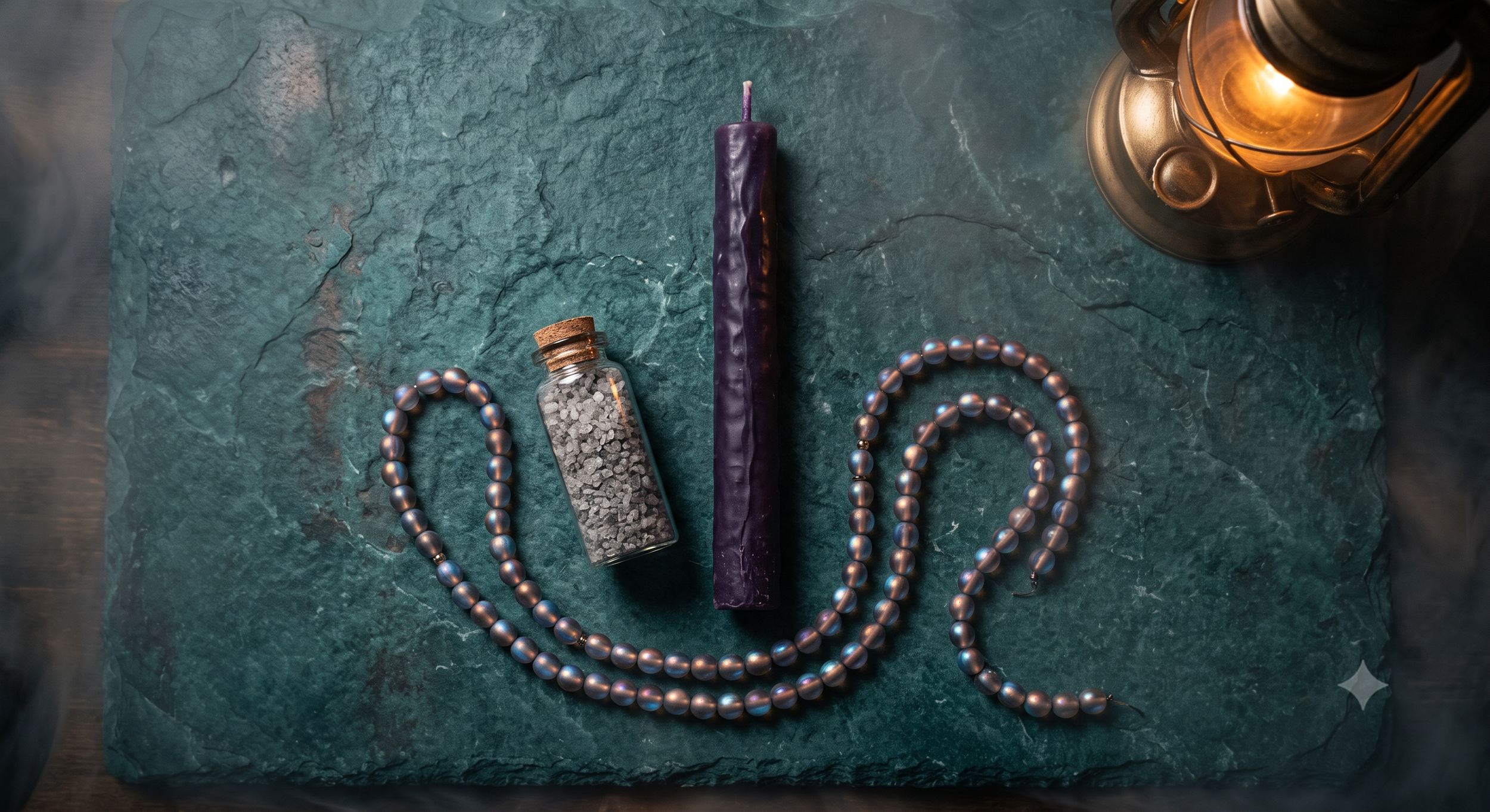 A dark purple candle, a small glass jar filled with gray bath salts, two strands of gray pearl beads, and a lit lantern on a textured dark green surface.