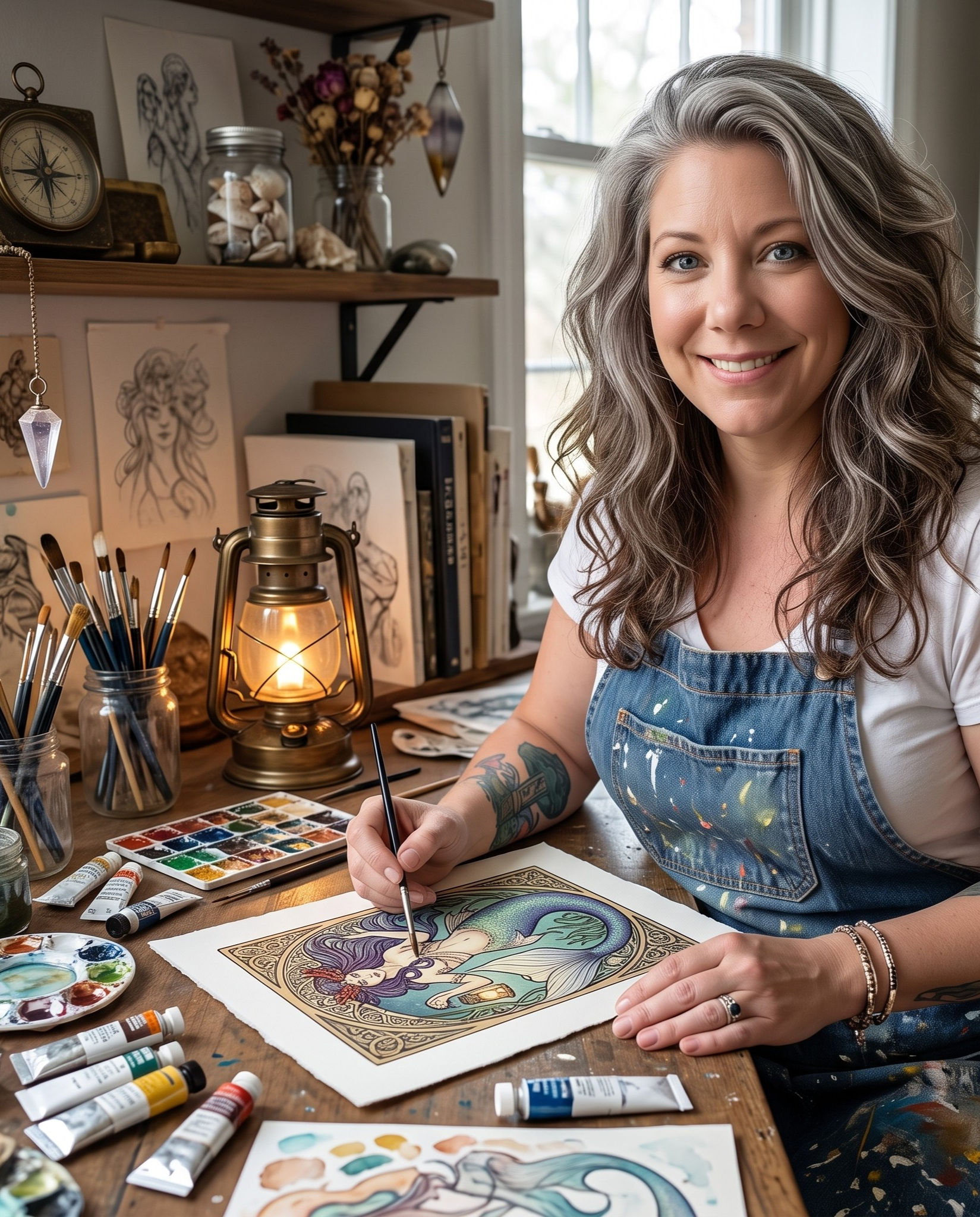 A woman with long, wavy, gray hair smiles while coloring a fantasy-themed illustration of a mermaid using watercolor paints on paper. She is sitting at a wooden table filled with watercolor tubes, brushes, palettes, and sketches of similar artwork, in a well-lit room with art supplies and decorations.