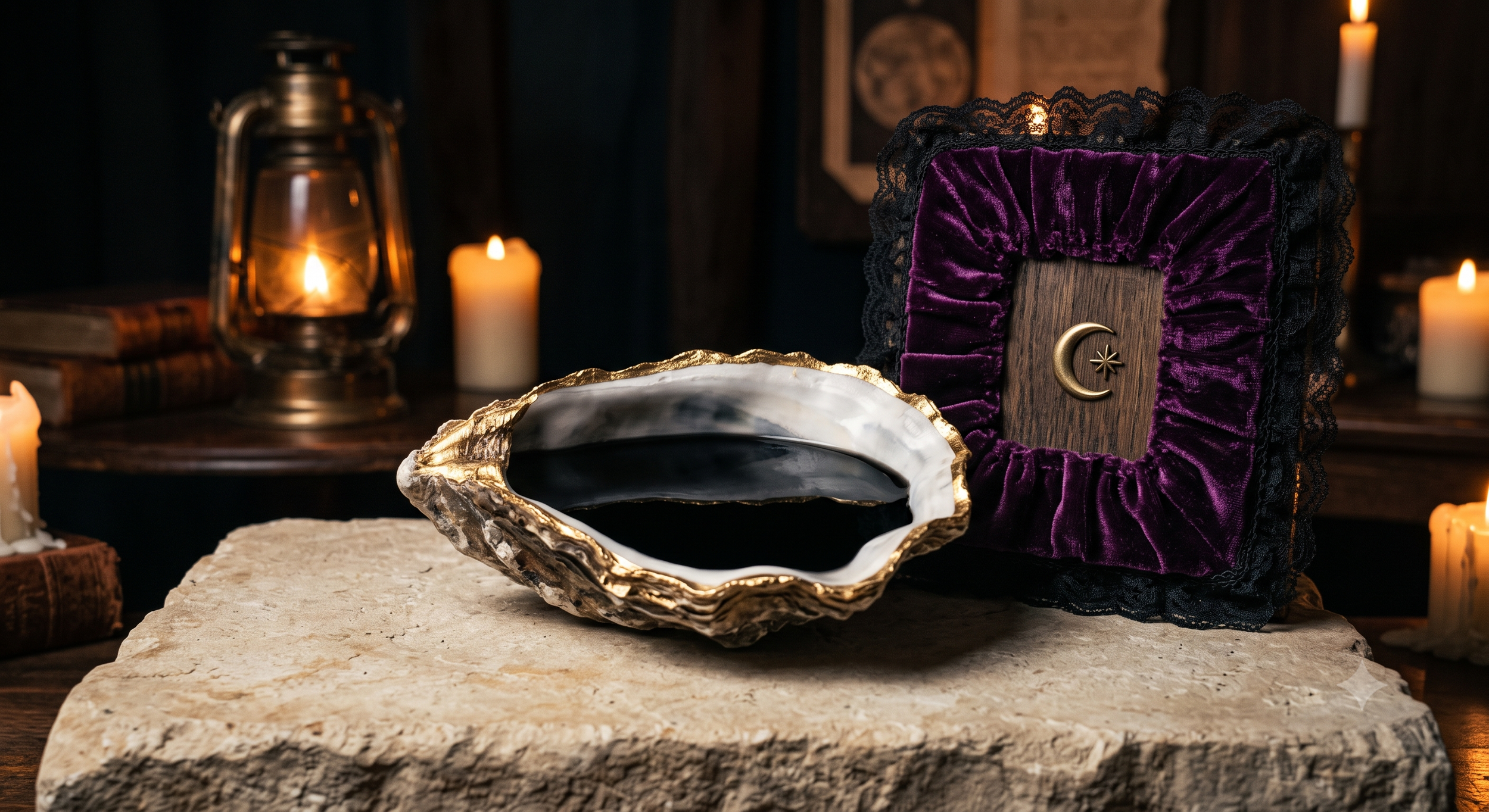 Decorative table setup with an open oyster shell, a framed mystical image with moon and star symbols, and lit candles in a dimly lit room with a rustic and mystical ambiance.