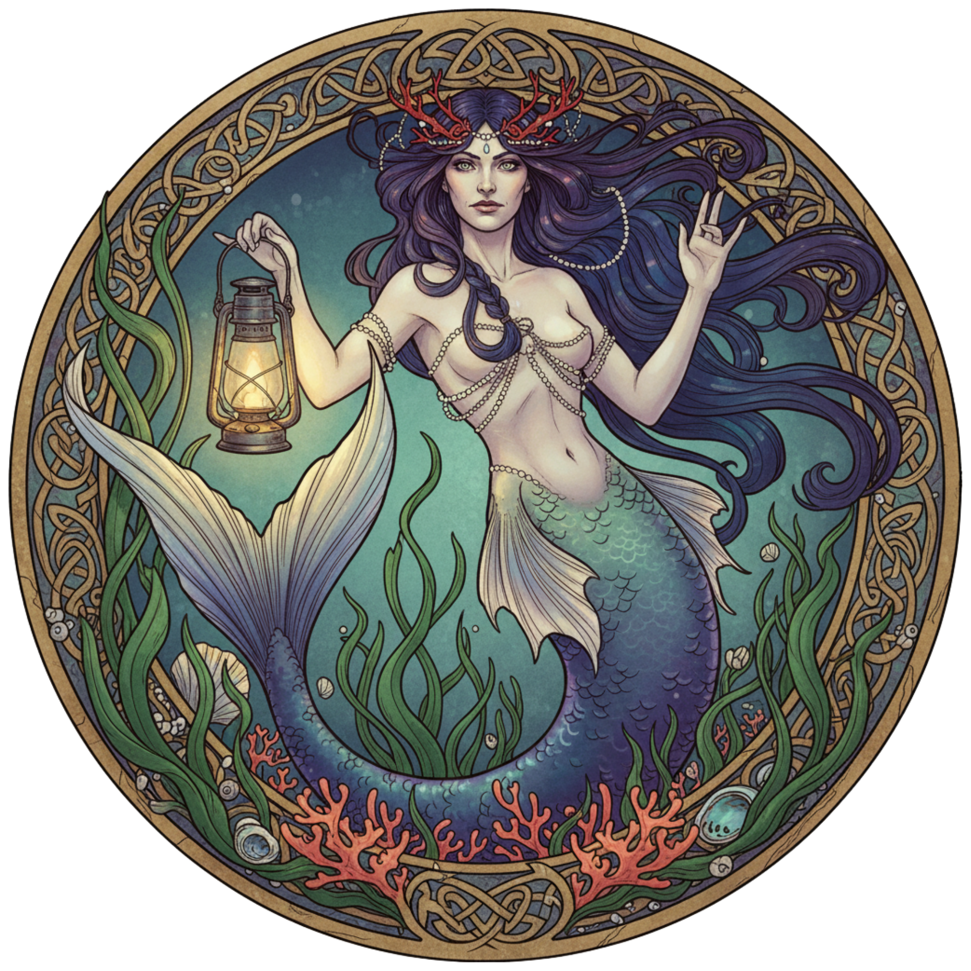 An illustrated circular design featuring a mermaid with long purple hair, holding a lantern in her right hand and making a peace sign with her left hand. She has an elaborate headpiece with red antlers and is embraced by green seaweed and coral, set against a blue underwater background with a starry sky.