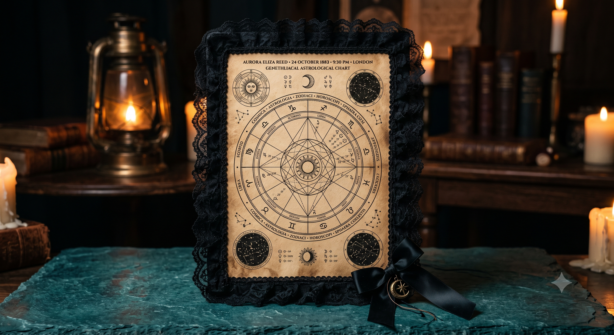 Astrological chart framed in black lace, placed on a table with candles and vintage books in the background.