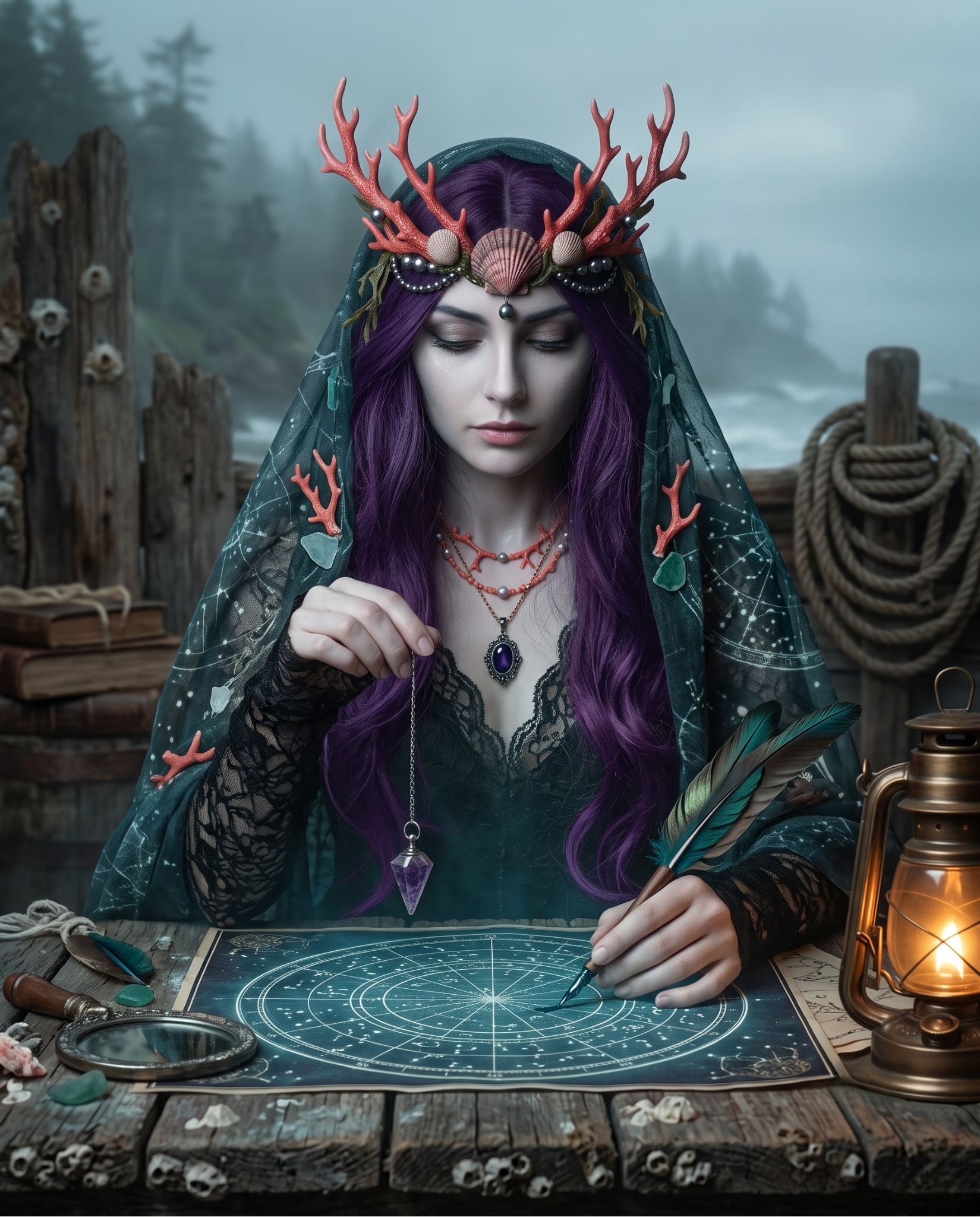 A woman with purple hair wearing a celestial-themed cloak and a seashell and coral headpiece is drawing star maps on a star chart with a pen. She is seated at a rustic wooden table with various mystical objects, including feathers, stones, and a lantern, in a foggy outdoor setting with trees and a wooden pier.