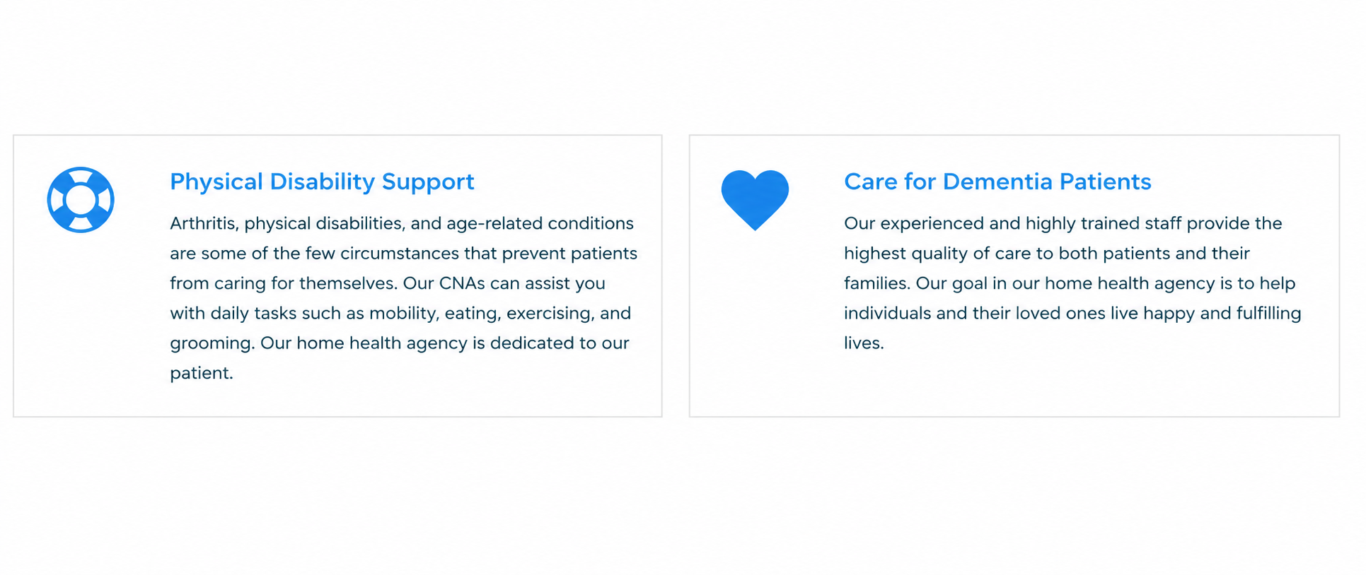 Information about healthcare services, including physical disability support and care for dementia patients, with icons for each service.