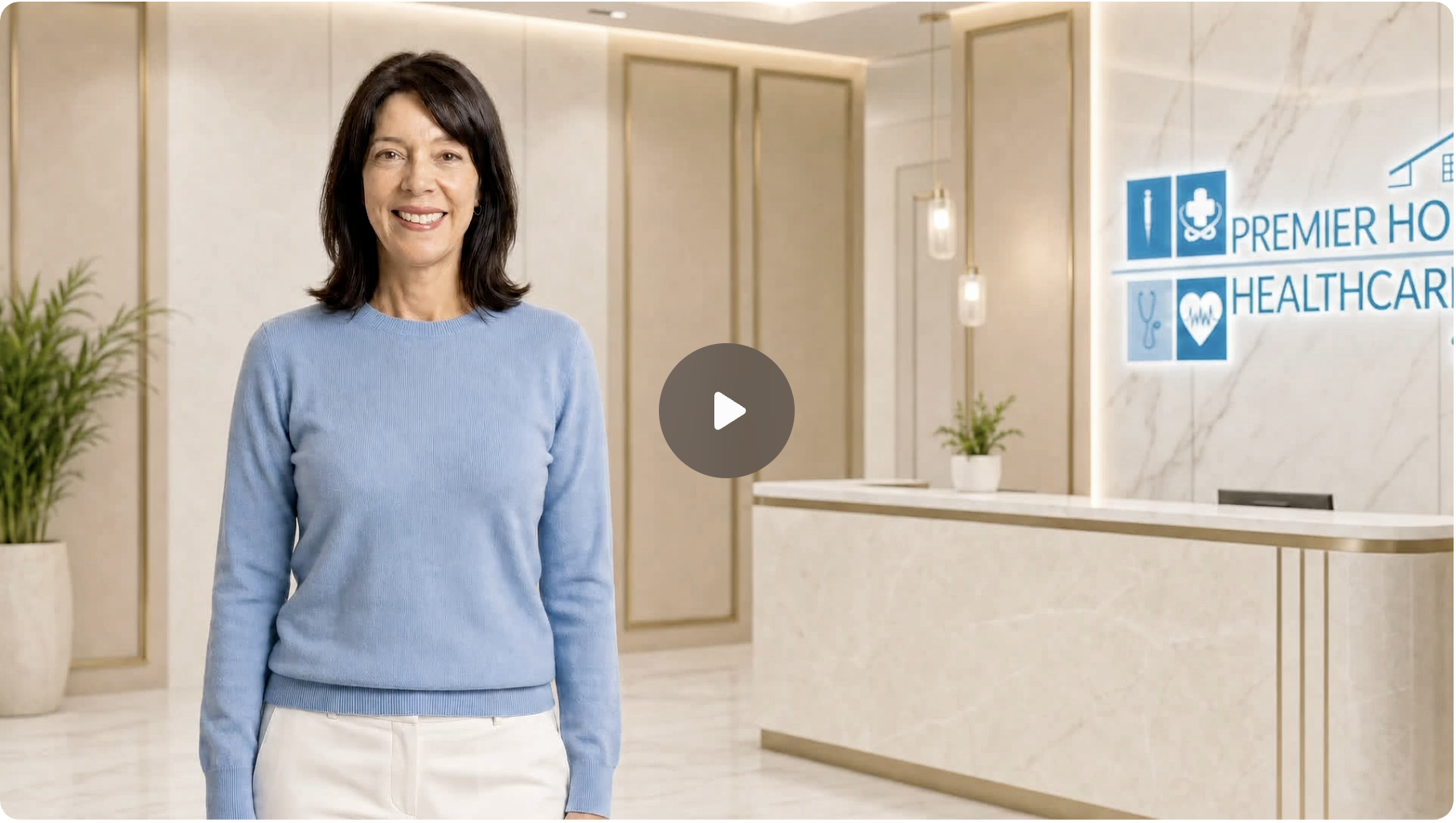 A woman smiling in a healthcare reception area with a sign displaying information about Premier Healthcare.