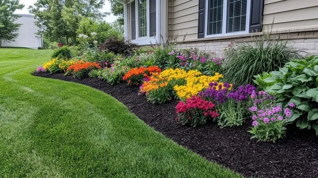 Colorful flower bed with orange, yellow, pink, and purple flowers next to a house with a window and green lawn.