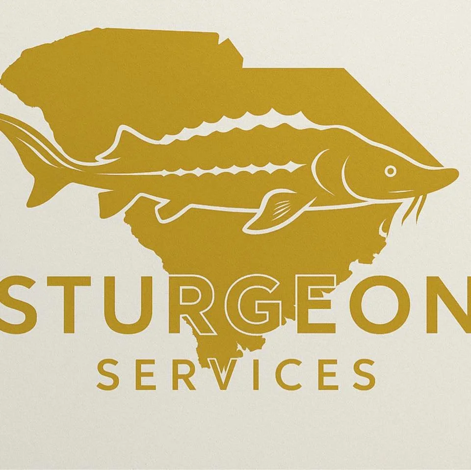 Goldfish illustration overlaid on a silhouette of South Carolina map with the text 'Sturgeon Services' beneath.