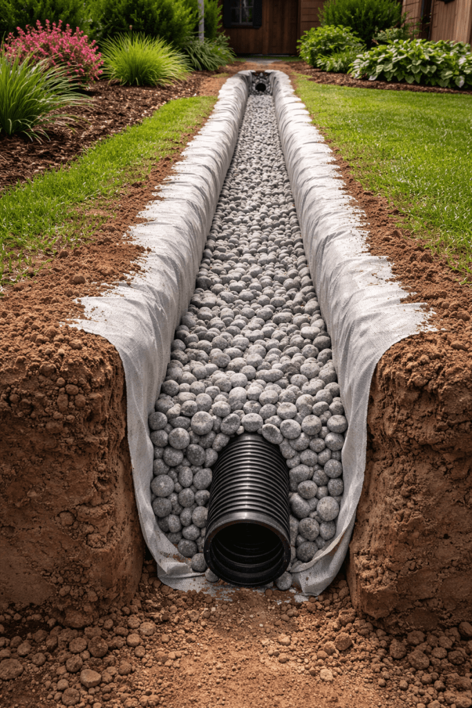 A drainage pipe installation in a garden with decorative gray stones inside a trench, edged with red dirt and bordered by green grass and plants.