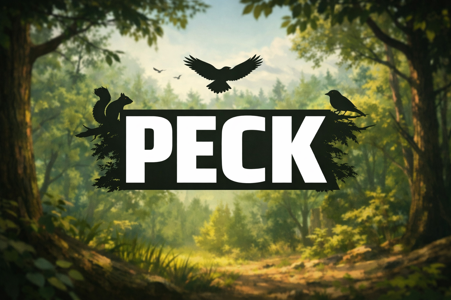 PECK animated series artwork showing a forest clearing with bird silhouettes surrounding the title PECK.