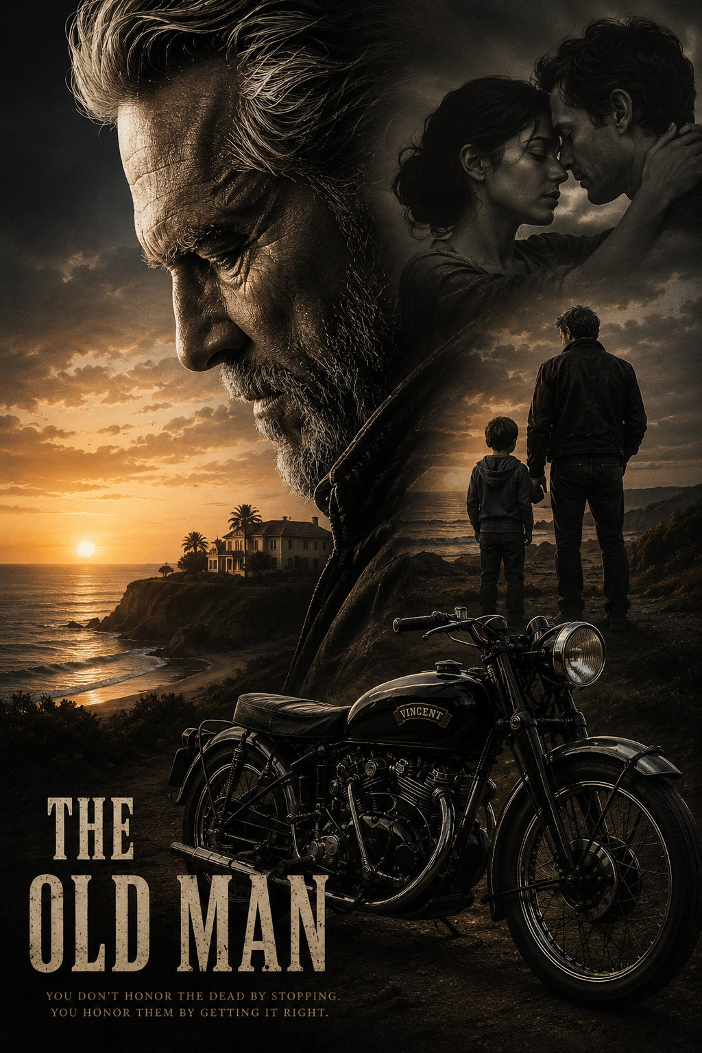 The Old Man artwork showing an older man, a couple, a grandfather and child, and a vintage motorcycle against a coastal sunset.