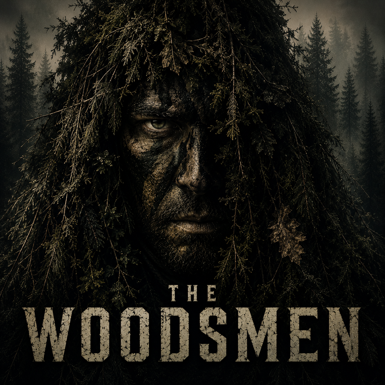 The Woodsmen thriller artwork showing a man's face emerging from a dark forest with the title The Woodsmen.
