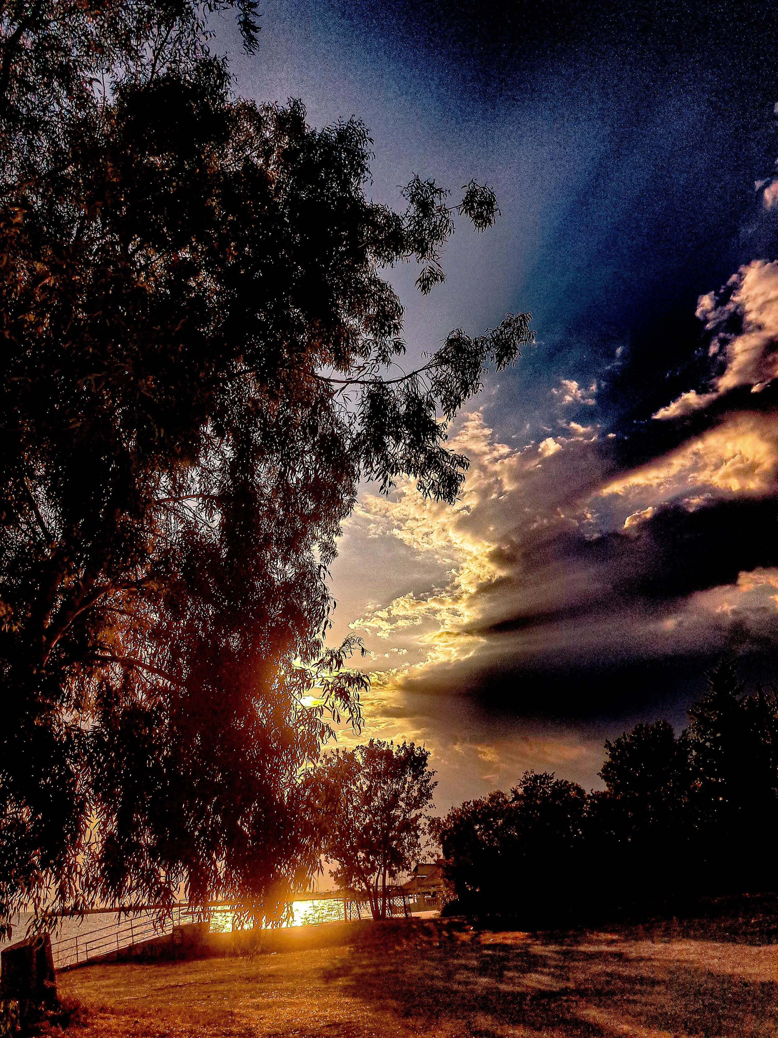 Sunset over a waterfront with trees and a small structure, the sky partly cloudy with the sun near the horizon.