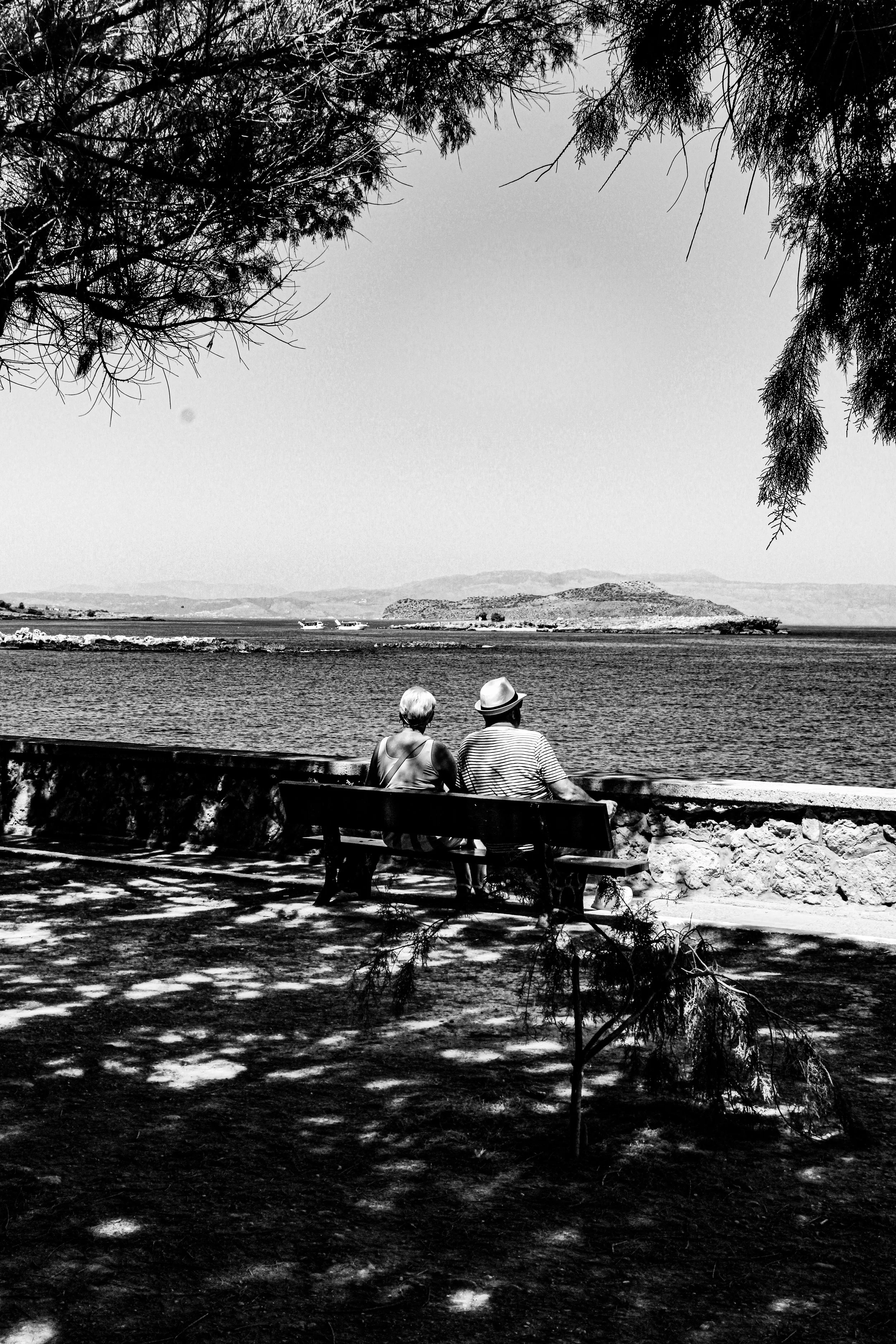 Two elderly people sitting on a park bench by a body of water, with trees overhanging and a landscape of hills in the background.