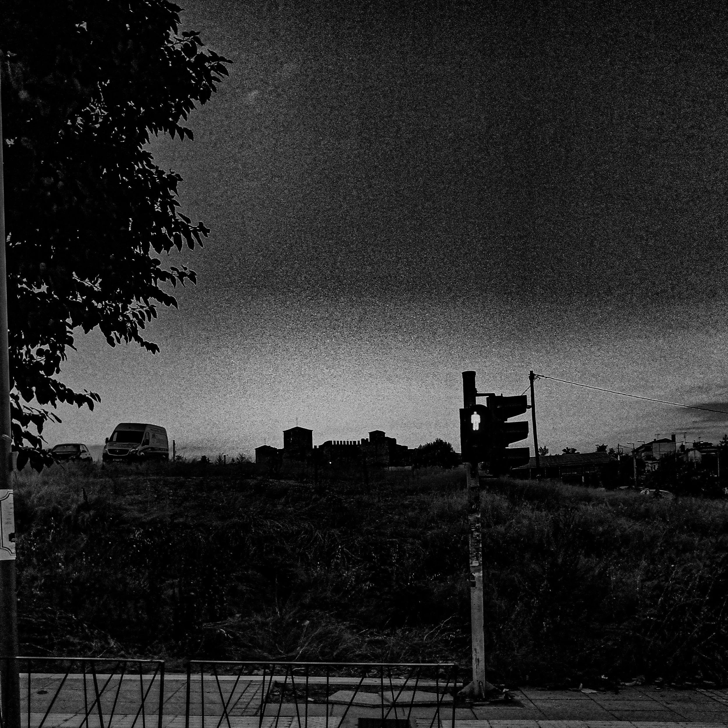Night sky with visible stars, silhouettes of trees and rooftops, and a cloudy sky on a dark night.