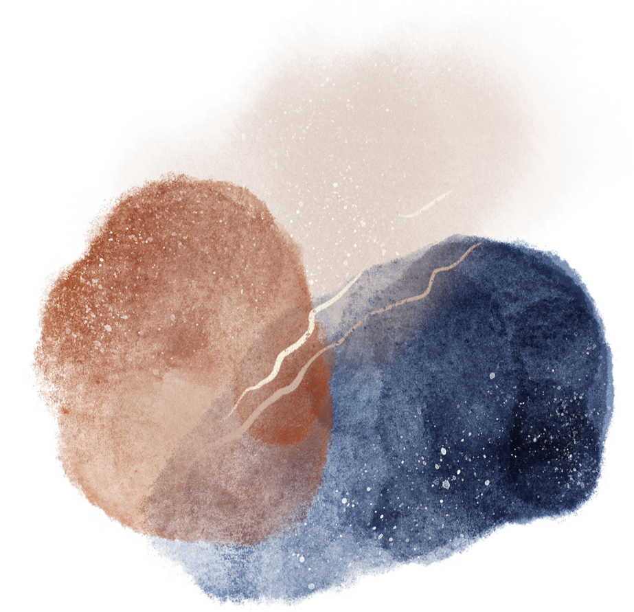 Abstract digital artwork with large rounded shapes in shades of beige, brown, blue, and reddish-orange, with textured and watercolor-like effects.