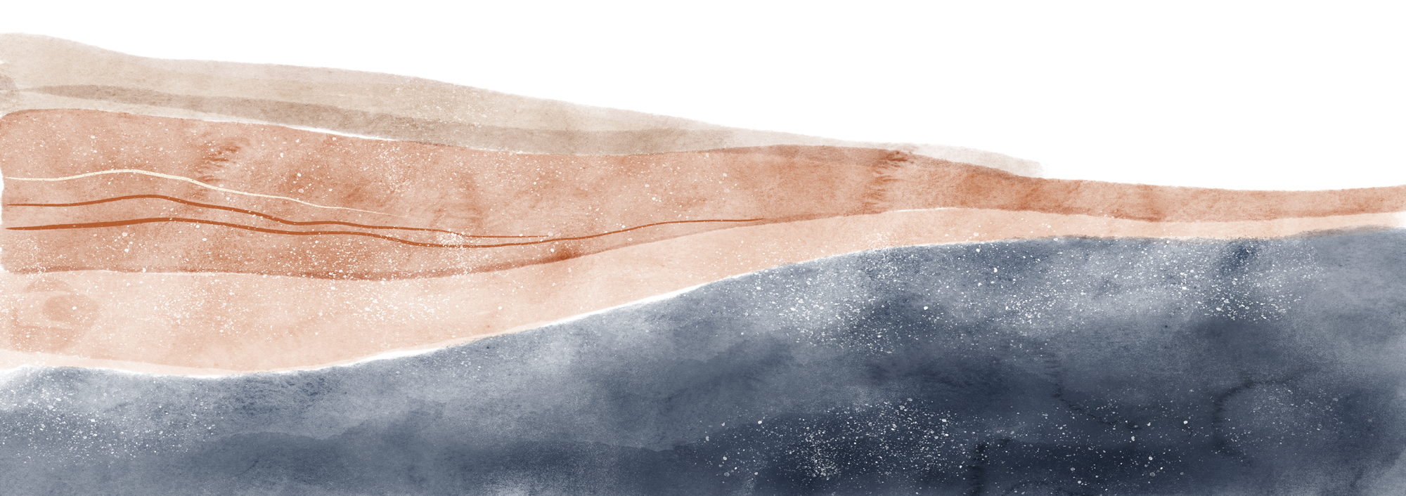 Abstract landscape with layers of beige, brown, peach, and dark blue colors representing sky, land, and water.