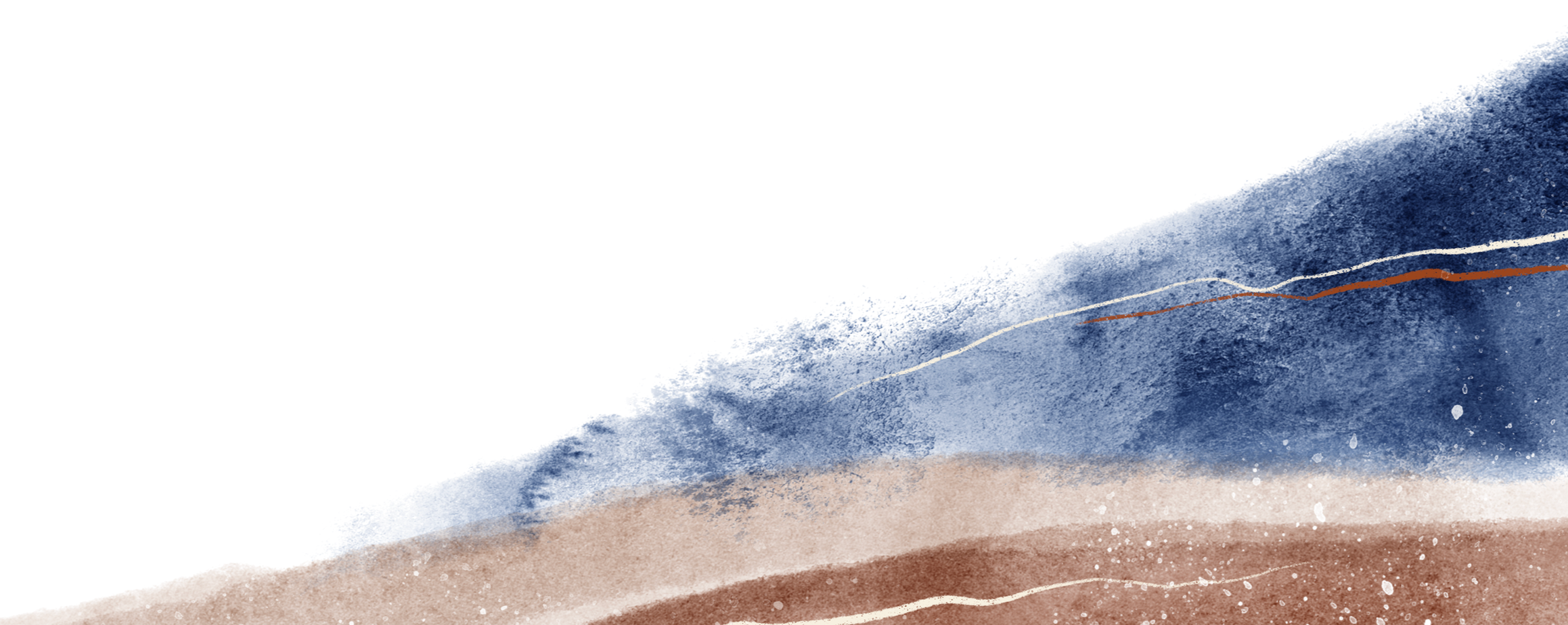 Abstract watercolor painting with shades of blue, tan, and white, featuring wavy lines and textured splashes.