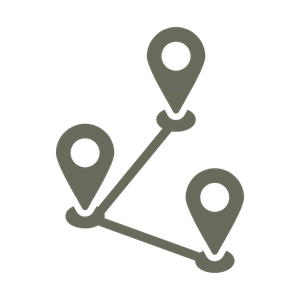Illustration of a connected network with three location markers and a line connecting them.